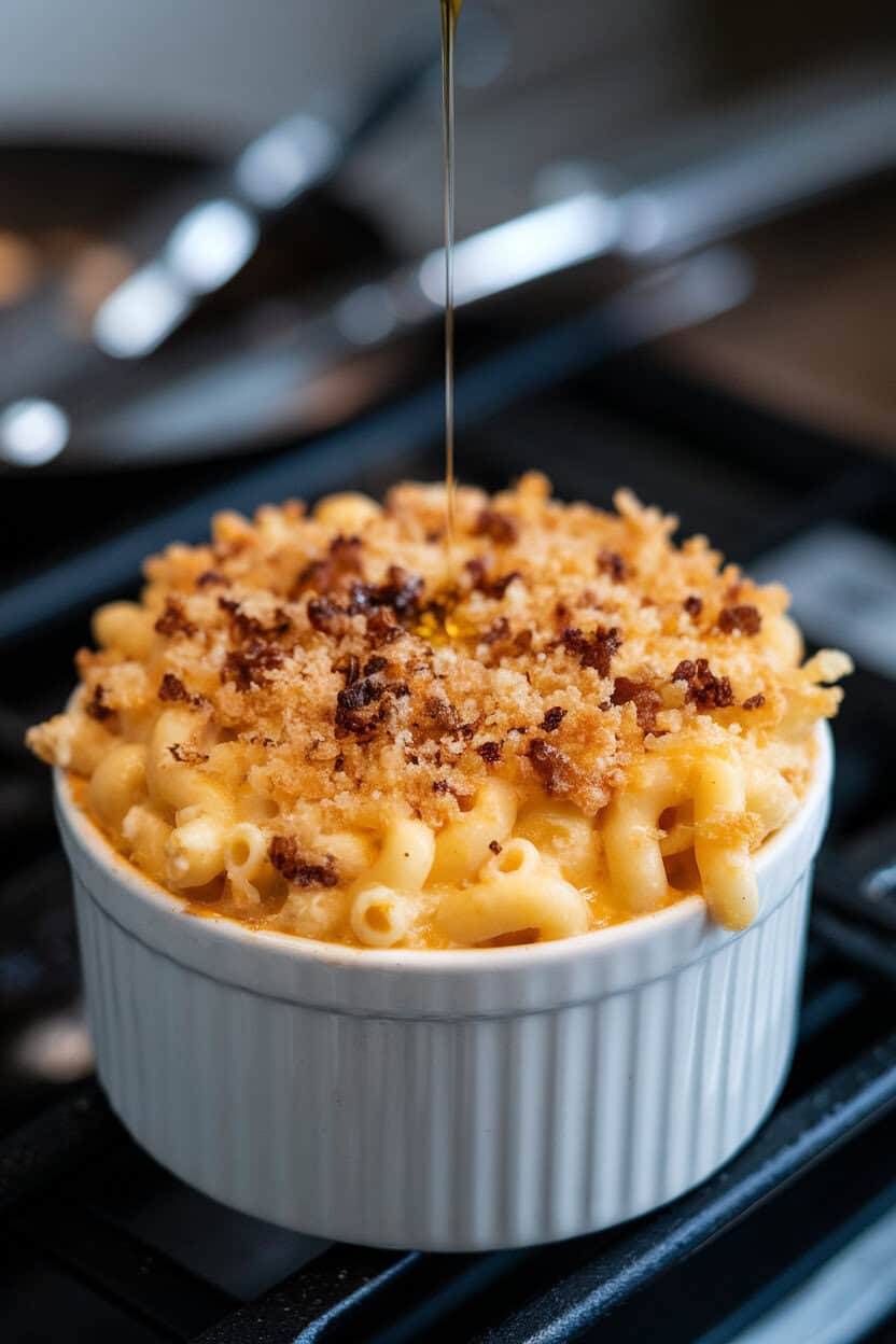 Photo of a ramekin indoors filled with bubbling macaroni and cheese, breadcrumbs browned on top, a light drizzle of truffle oil visible, no text or logos.