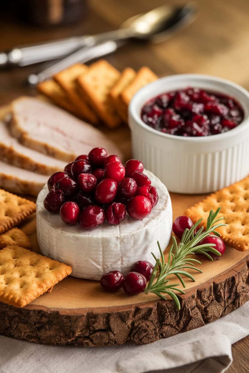 Indoor photo showcasing cranberry-studded white cheddar, slices of cooked turkey breast, rosemary crackers, and a ramekin of whole-berry cranberry sauce. Soft warm lighting; no text or logos. Photo, not illustration.
