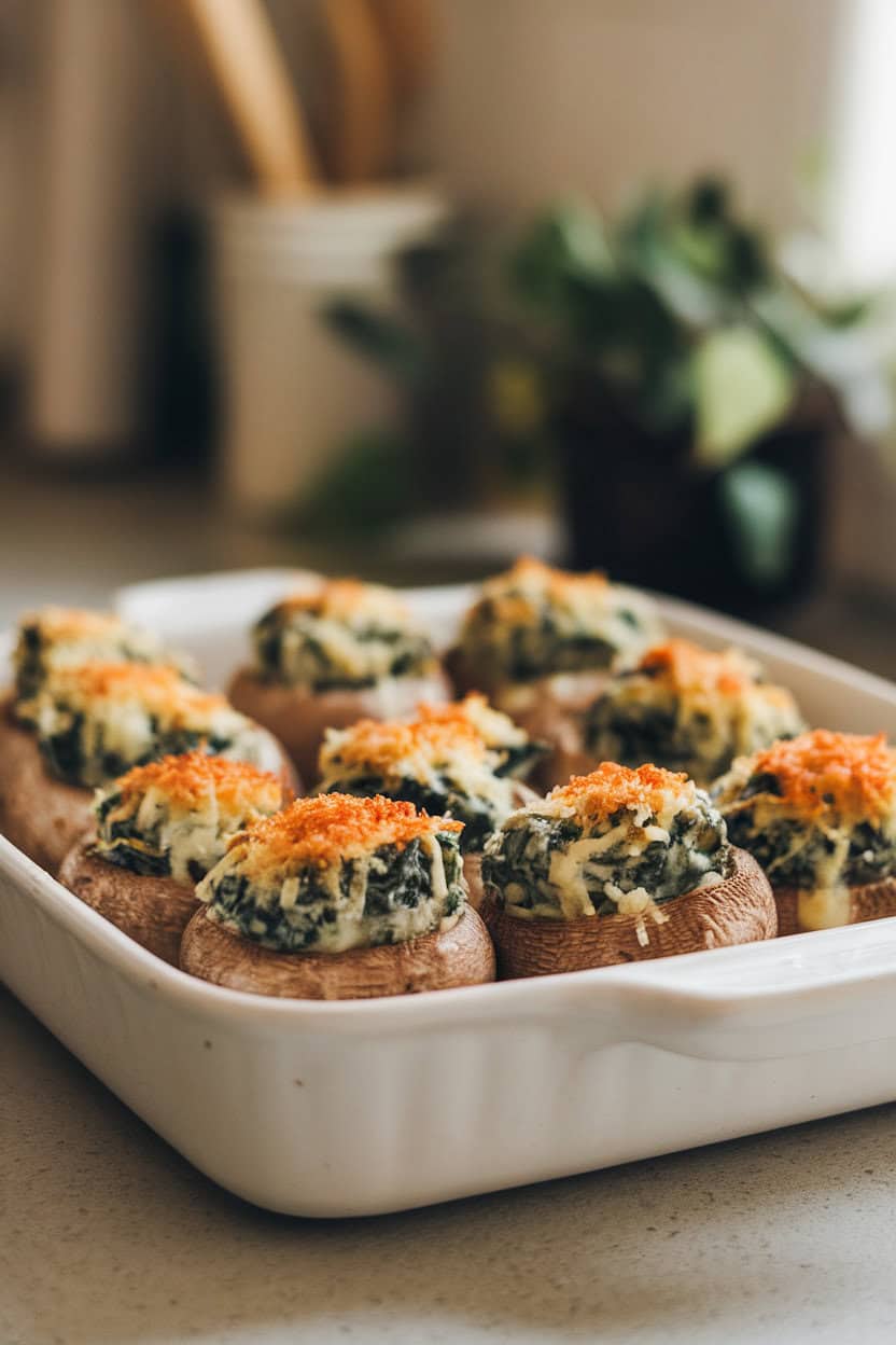 Photo of a white baking dish on an indoor countertop filled with stuffed mushrooms, their spinach-artichoke filling visibly creamy and lightly browned on top. Soft warm lighting, no text or logos.