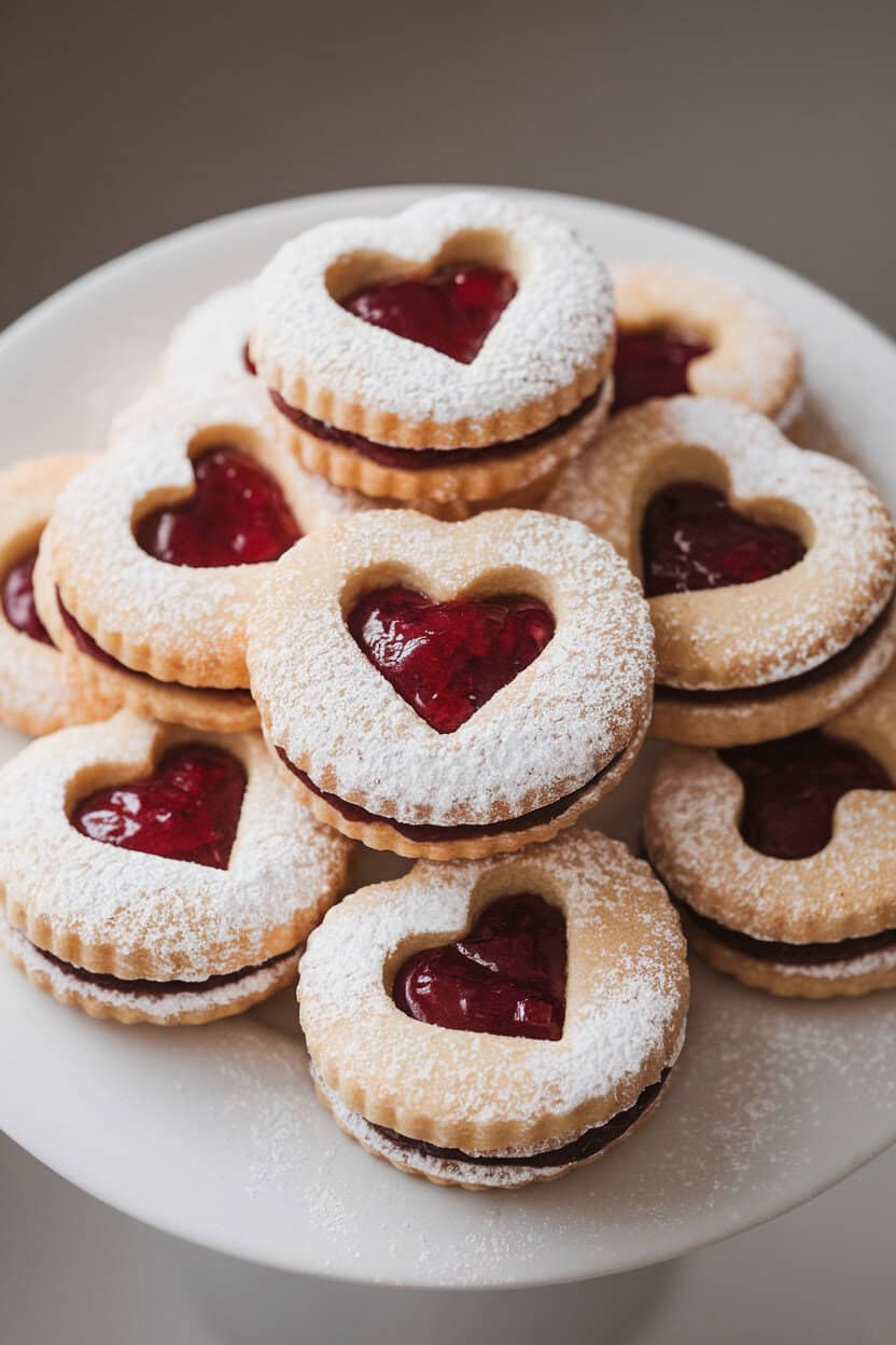 A plate of sandwich cookies with heart-shaped cutouts revealing ruby raspberry jam, dusted with powdered sugar and photographed indoors. No text or logos. Photo, not illustration.