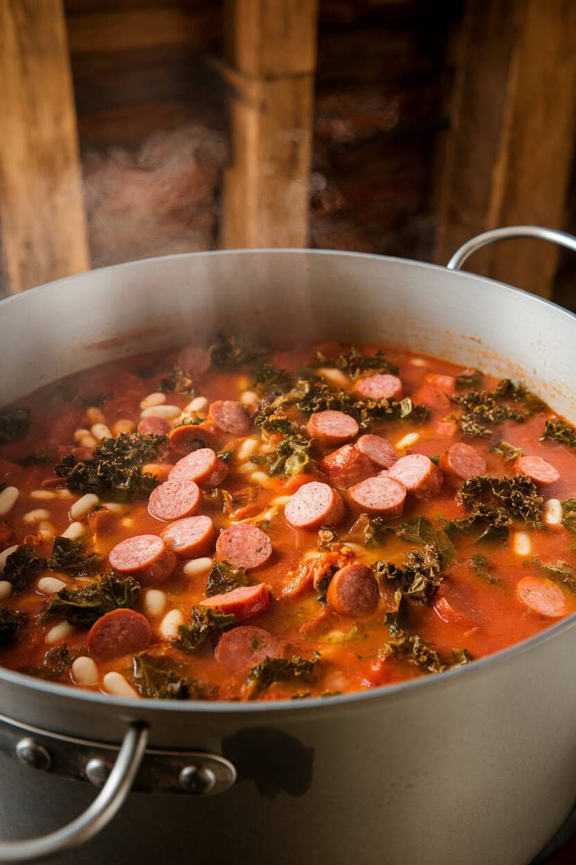 Photo of an indoor soup pot filled with tomato-based stew featuring sliced sausage, white beans, and kale, gentle steam rising. No text or logos present.