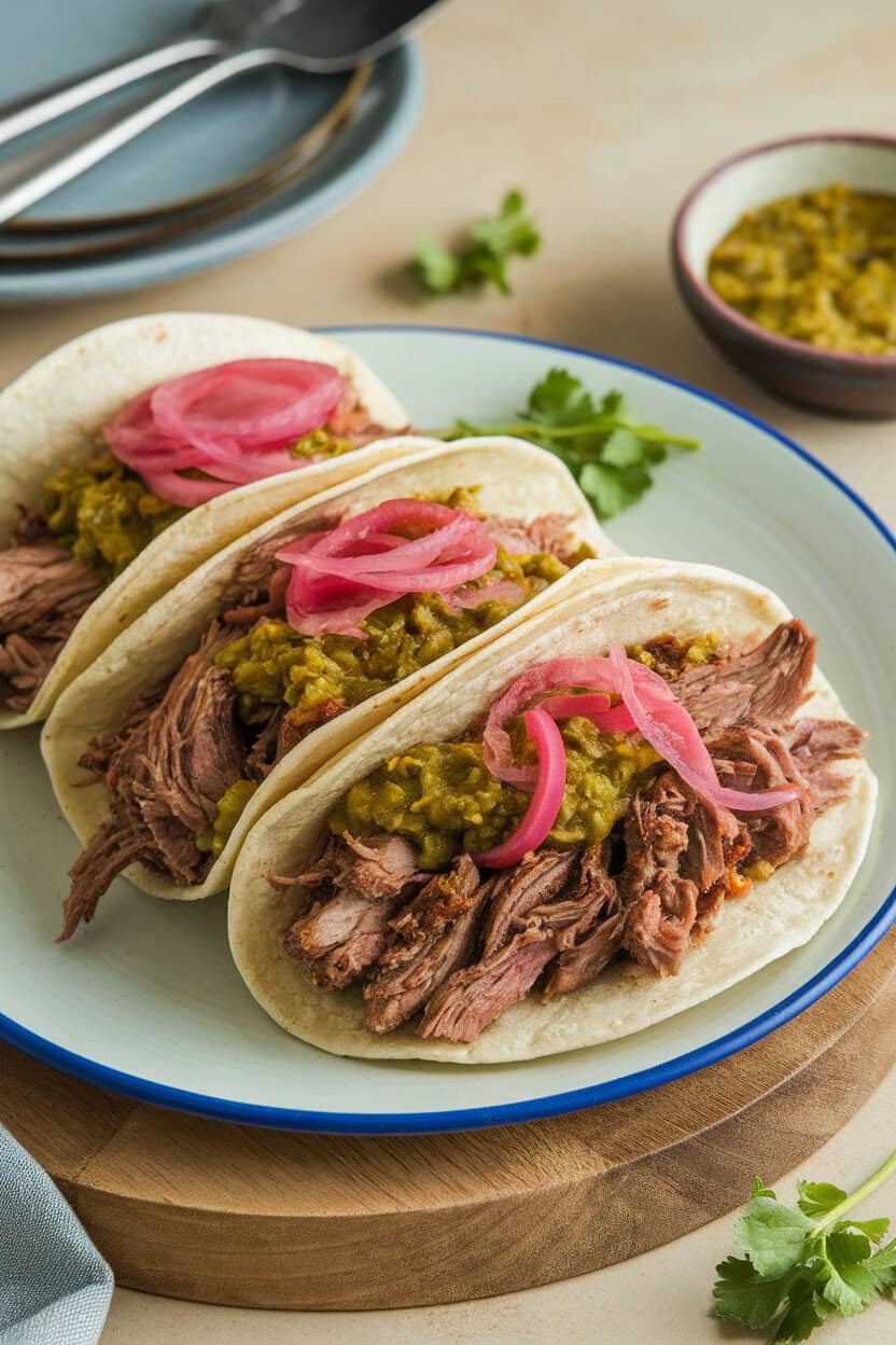Photo of soft tortillas filled with shredded cooked lamb, salsa verde, and pickled onions on an indoor plate, no text or logos.