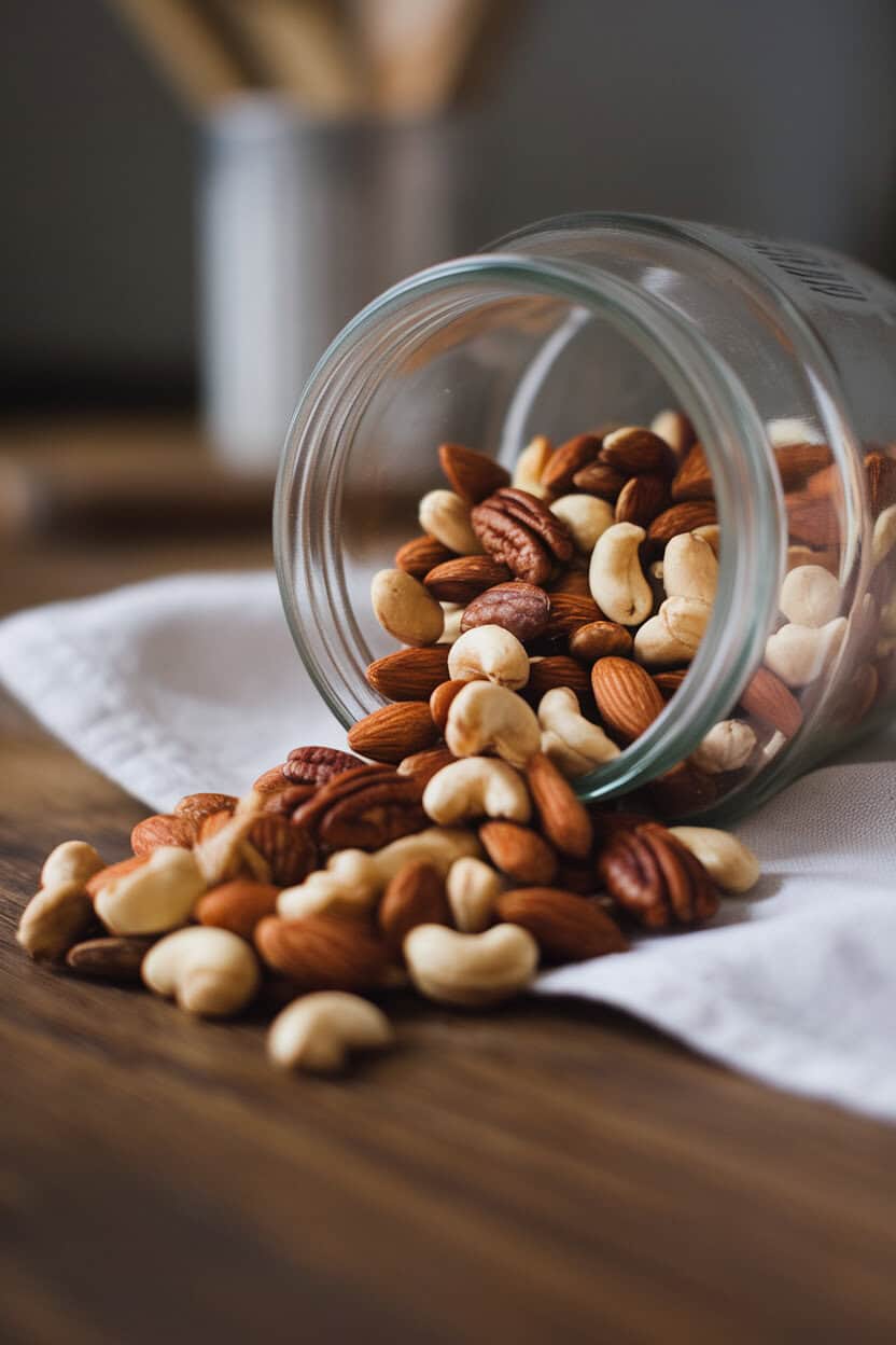 Indoor glass jar tipped over with chai-spiced mixed nuts spilling onto a wooden surface, diffused lighting, no visible text.