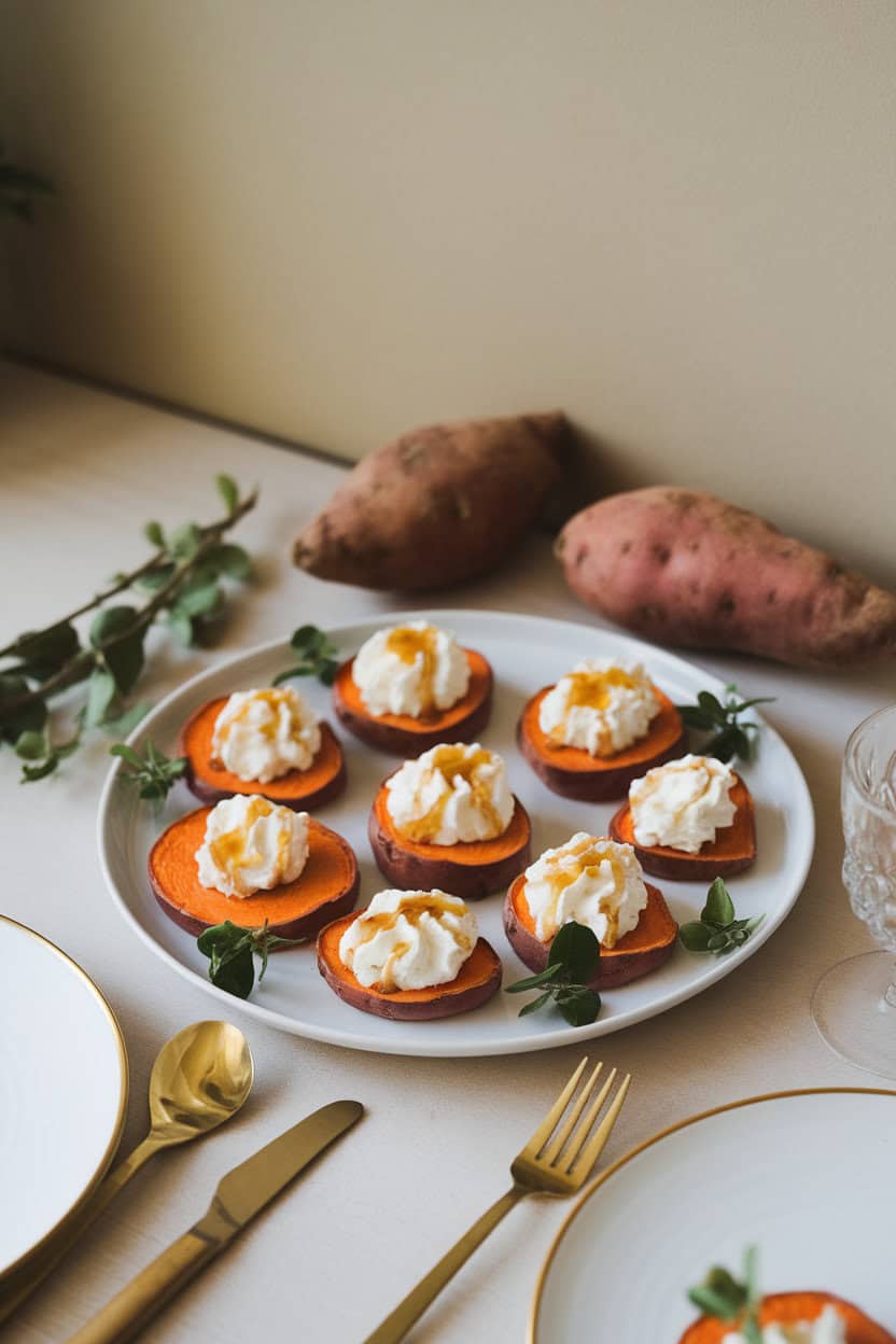 An indoor table setting featuring roasted sweet potato rounds topped with whipped goat cheese and a drizzle of honey, stacked neatly on a white platter. No text or logos. Photo only.