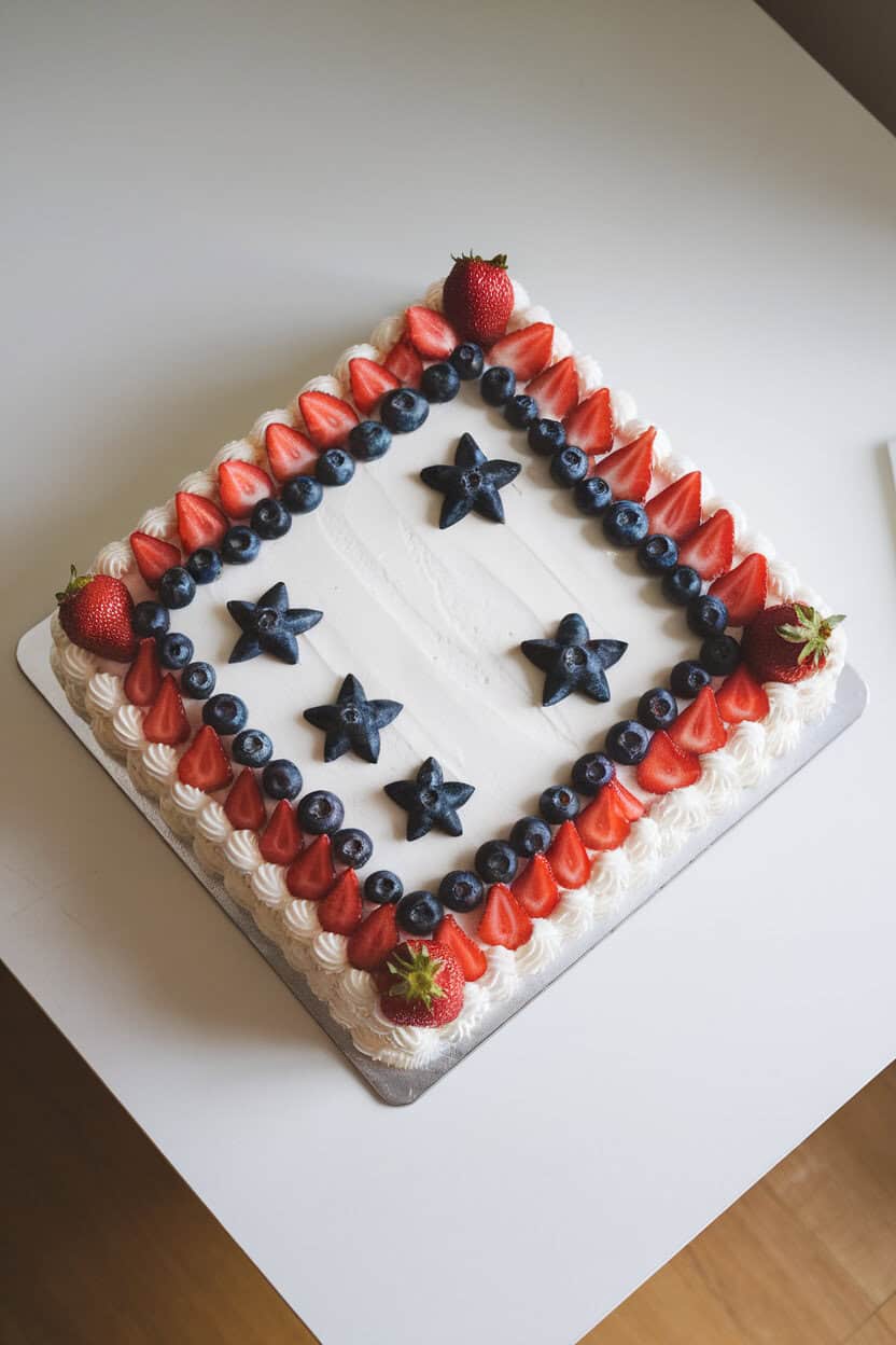 Indoor overhead photo of a rectangular sheet cake frosted white and decorated with blueberry stars and strawberry stripes, no writing or numerical candles. No logos or text. Photo, not illustration.