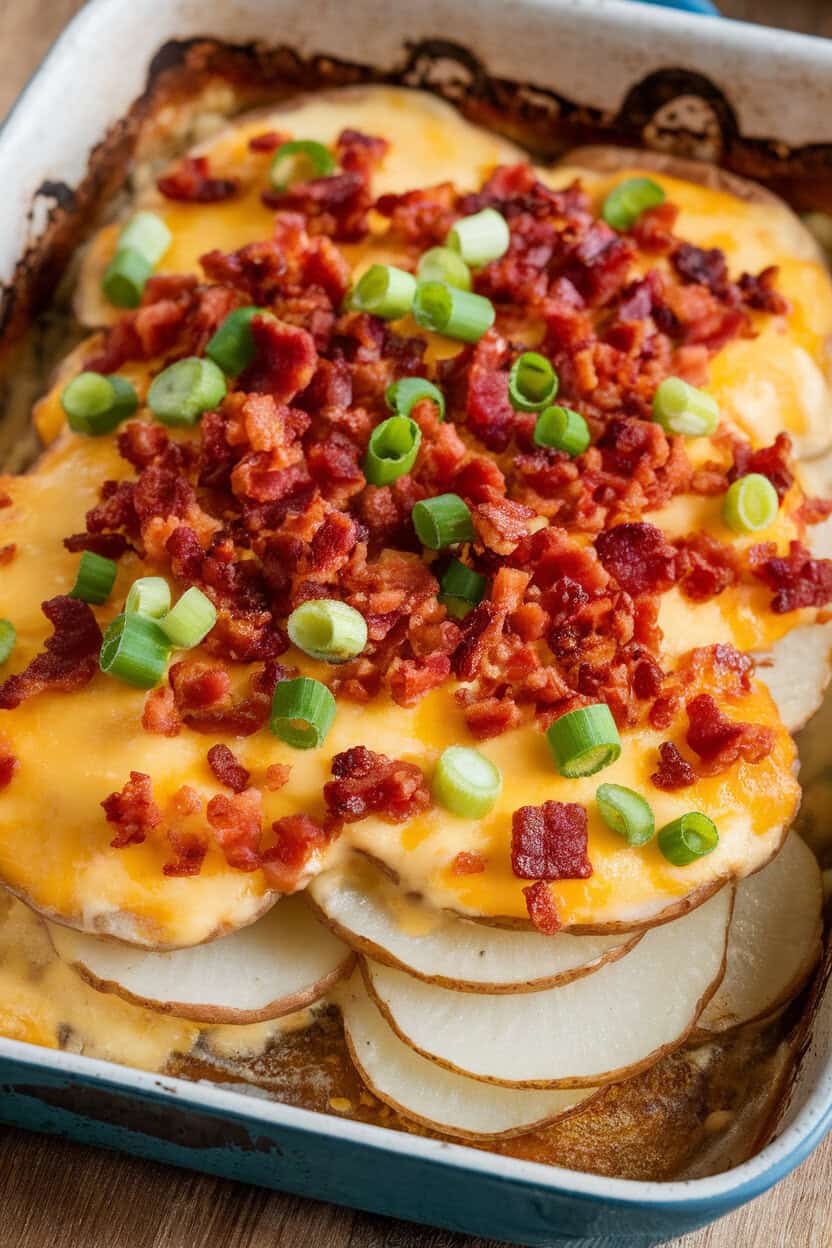 An indoor baking dish with thin potato rounds layered in creamy cheese sauce, crispy bacon crumbles and scallions on top, bubbling at the edges. No text or logos. Photo.</Prompt
