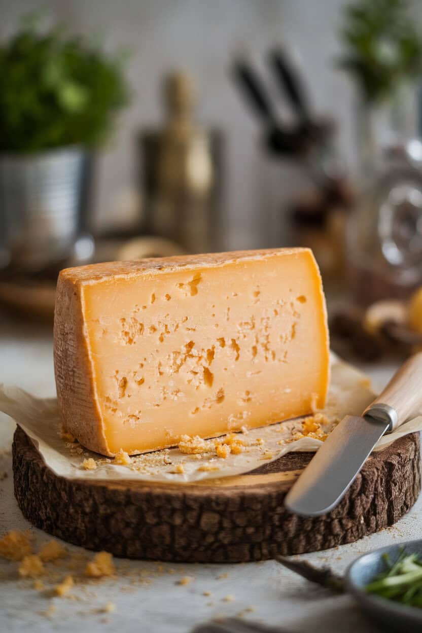 Indoor tabletop featuring a rugged wedge of aged cheddar with crystals visible, crumbs scattered, and a cheese knife resting nearby. No text or logos.