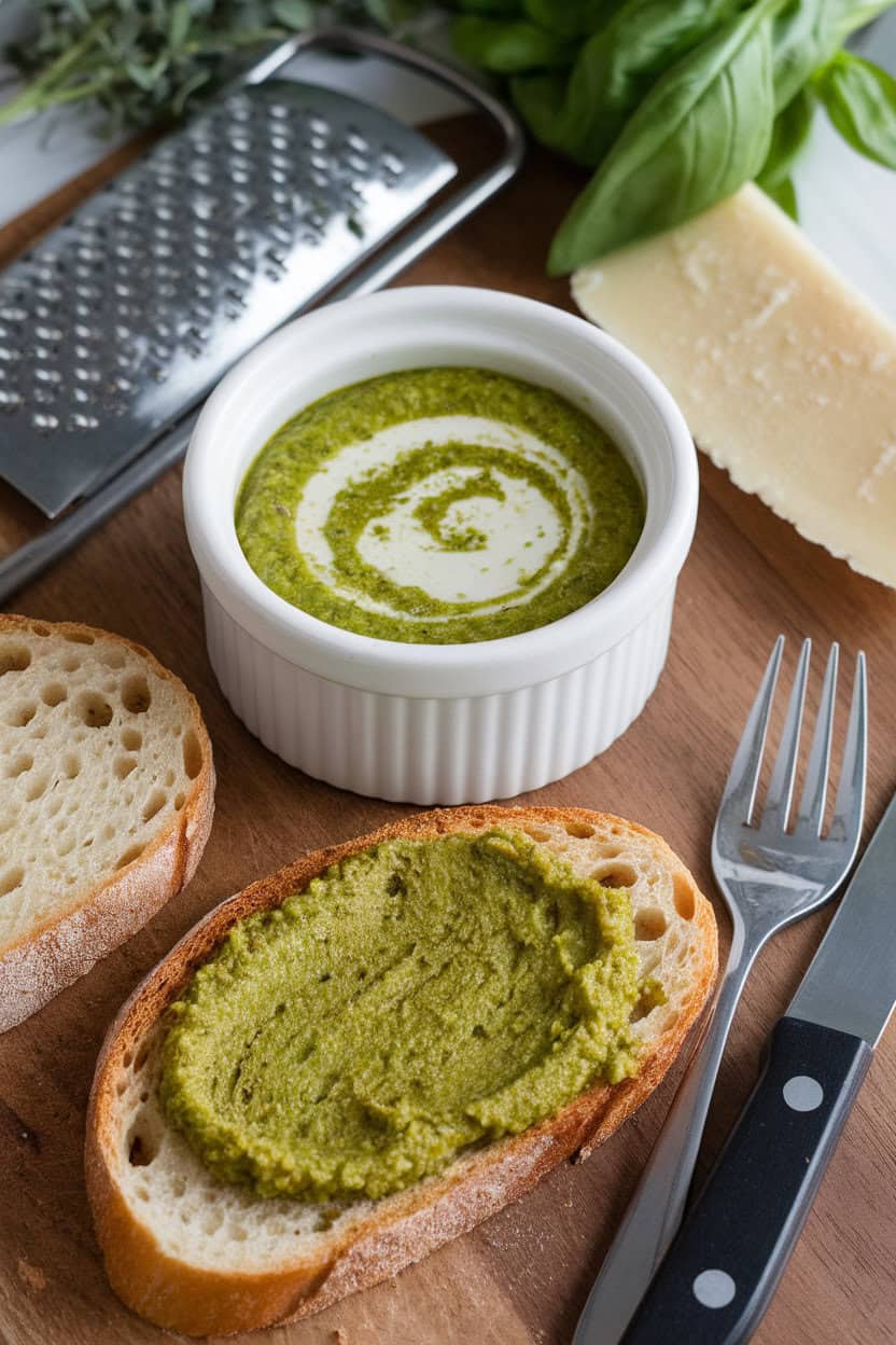 Indoor photo of a white ramekin holding bright basil pesto with a swirl of cream cheese for a marbled look. No text or logos.