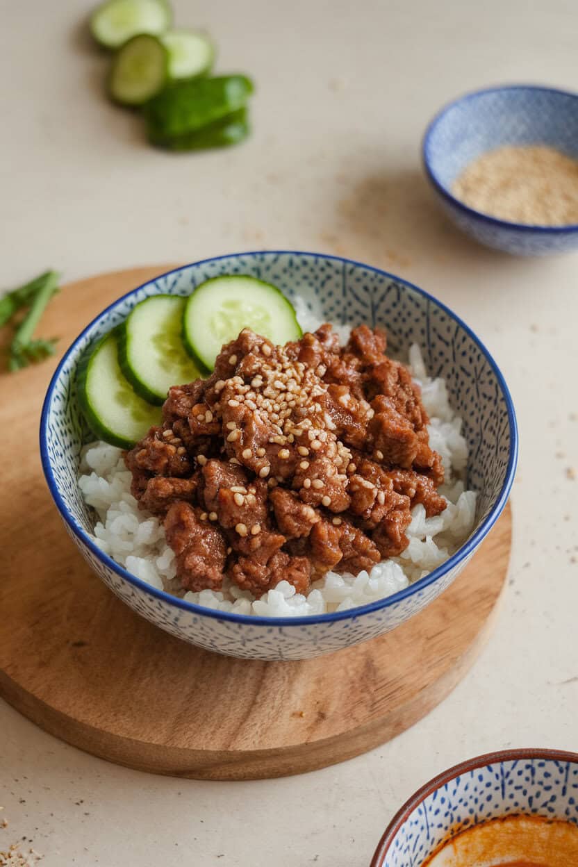 Indoor photo of a rice bowl topped with glossy soy-ginger ground beef, sliced cucumbers, and sesame seeds, captured from a slight overhead angle. No text or logos present.