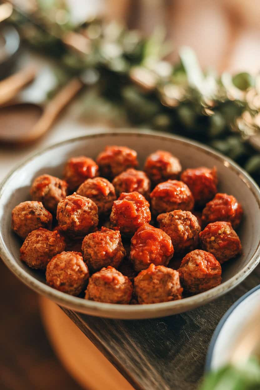 Photo of small cooked lamb meatballs coated in a red harissa glaze, arranged in a shallow bowl, indoor lighting, no text or logos.