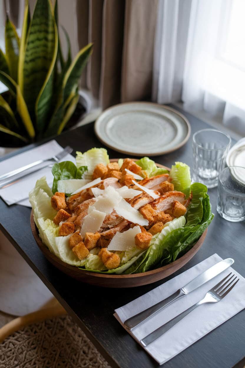 An indoor bistro table with a large wooden bowl of romaine lettuce, grilled chicken strips, shaved Parmesan, and crunchy croutons; no text or logos; photo