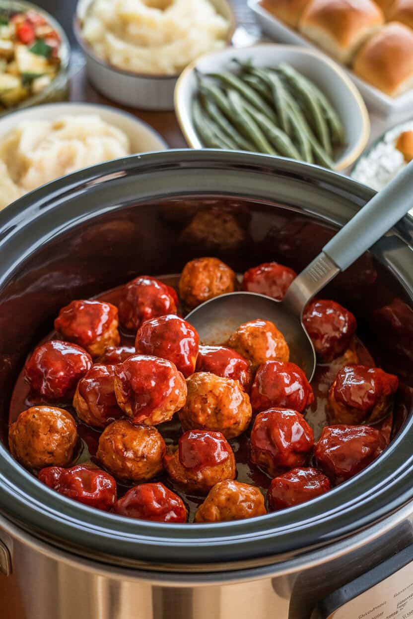 An indoor slow-cooker buffet photo of glazed turkey meatballs coated in glossy cranberry-chili sauce, a ladle resting in the pot. No logos or text.