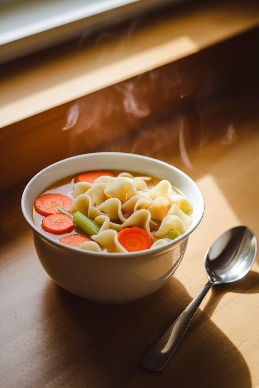A warmly lit indoor kitchen table with a white bowl brimming with steaming chicken noodle soup—visible carrot rounds, celery slices, and wide egg noodles—shot from a slight overhead angle. A stainless spoon rests nearby, and soft window light paints gentle highlights. Photo only, no text or logos in the scene.