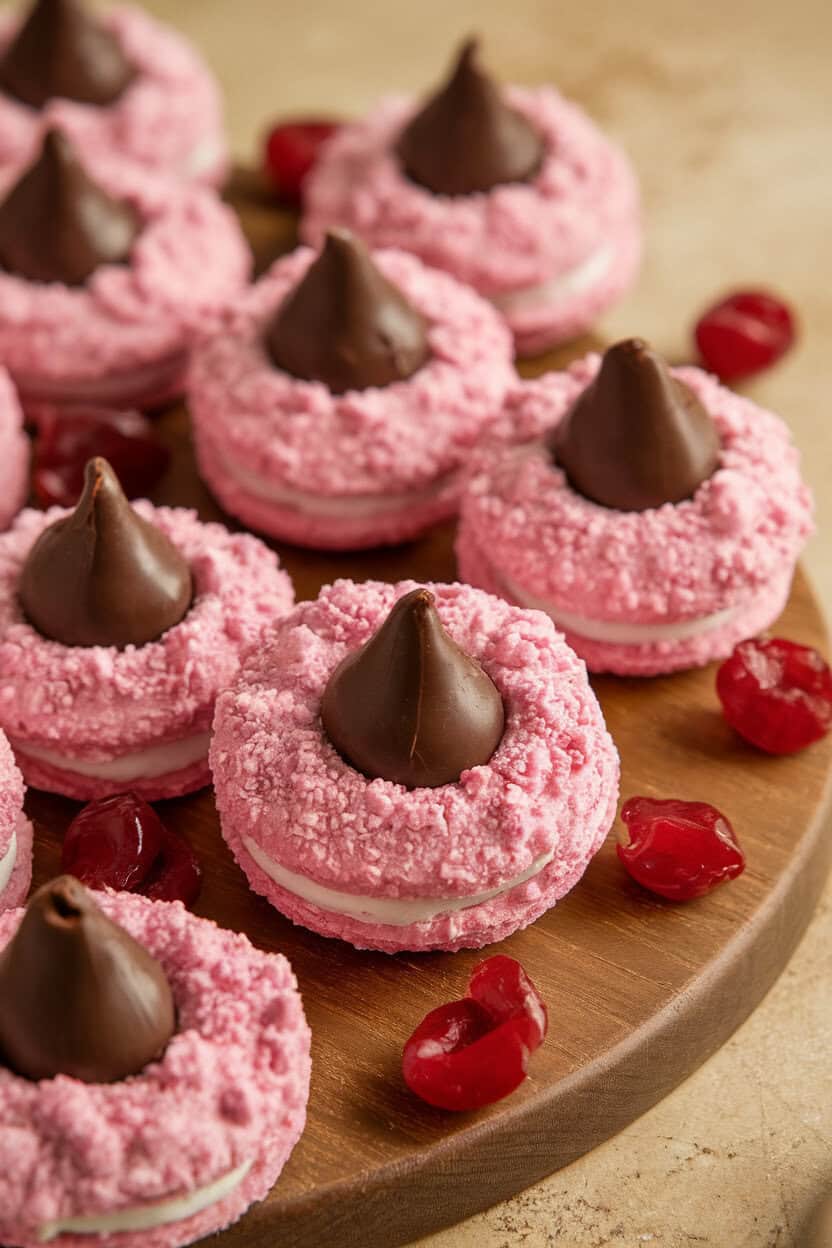 Indoor shot of pink-tinted almond cookies crowned with chocolate kisses, scattered maraschino cherry pieces visible. No text or logos.