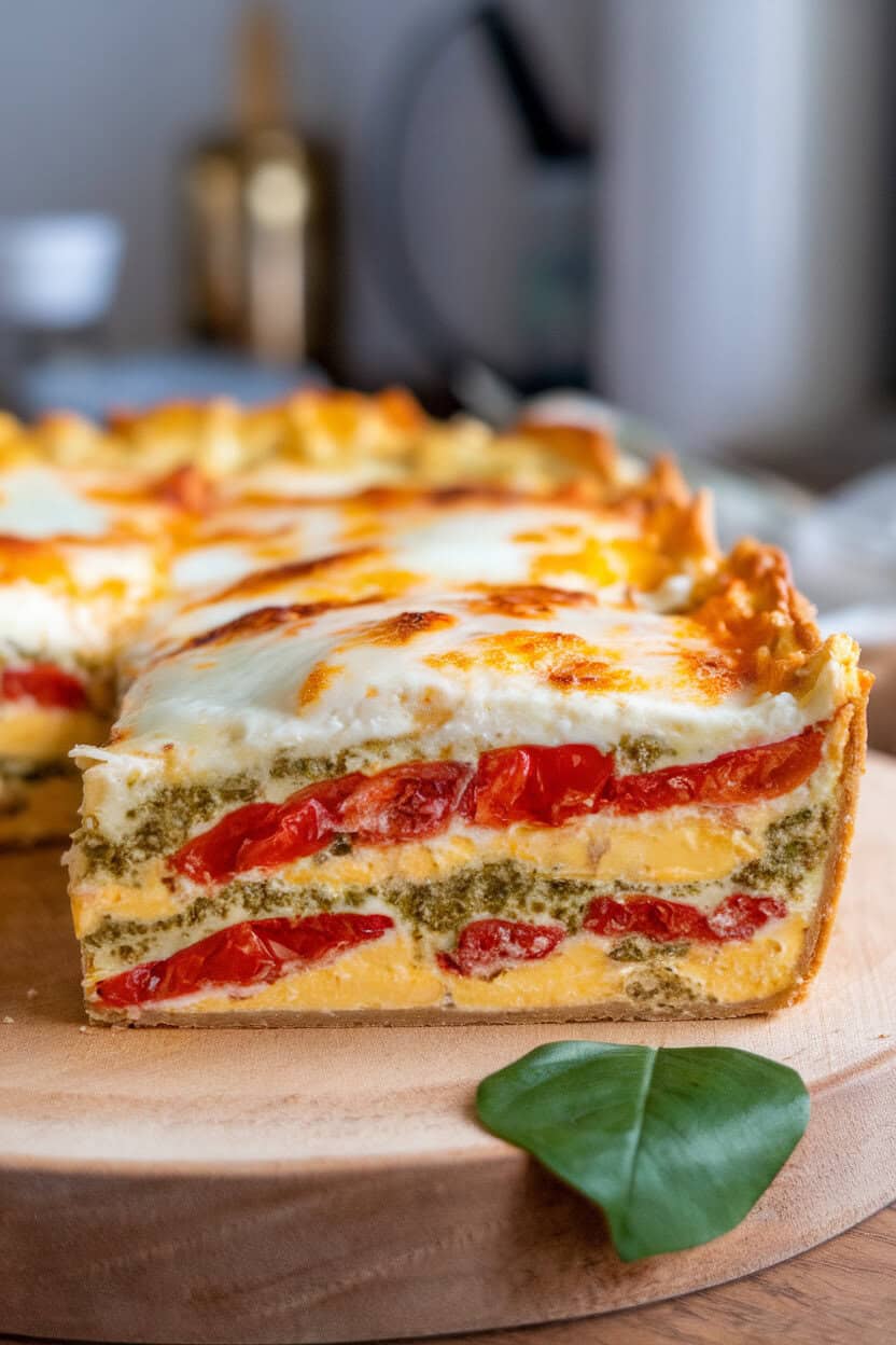 Indoor dining table with a casserole cut to reveal stacked layers of eggs, ricotta, pesto, and roasted tomatoes, cheese lightly browned. No logos or text. Photograph.