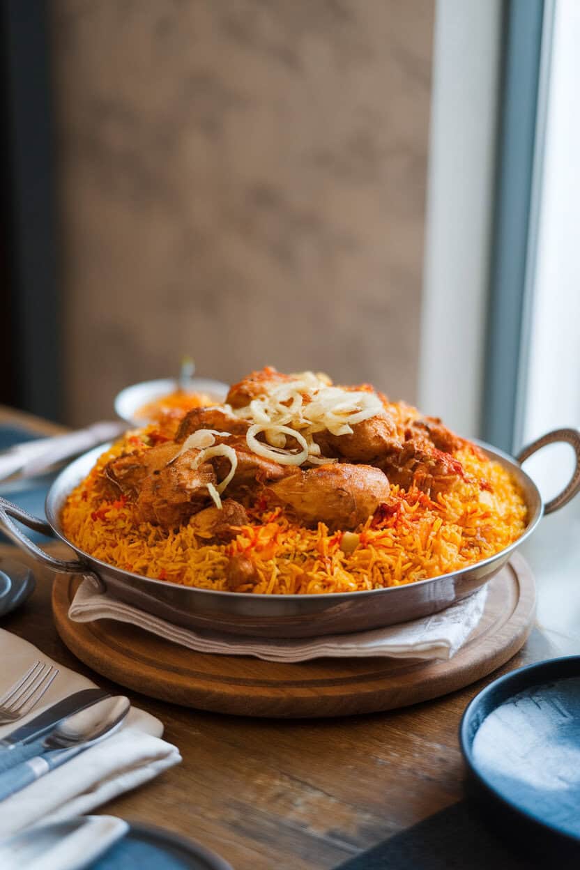 An indoor dining table with a large serving dish of colorful chicken biryani, saffron-stained rice and fried onions on top; no text or logos; photo