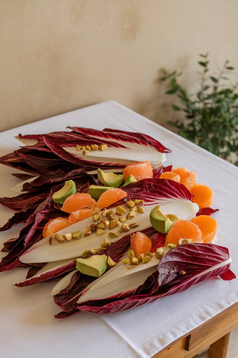 Indoor table scene with chicory leaves piled high, dotted with clementine sections and avocado chunks, pistachios sprinkled. No logos or text. Photo.