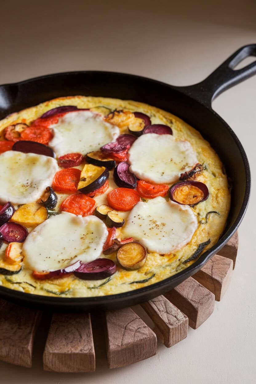 An indoor skillet frittata featuring colorful roasted vegetables and pockets of melted Brie on top, skillet placed on a wooden trivet. No text or logos. Photo only.