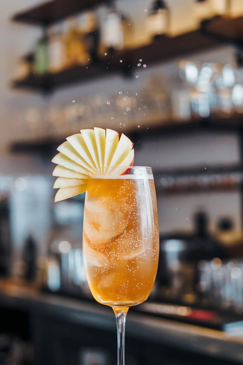 Flute filled with golden apple cider gin cocktail, tiny bubbles rising, thin apple slice fan on rim, indoor bar scene, no logos or text.