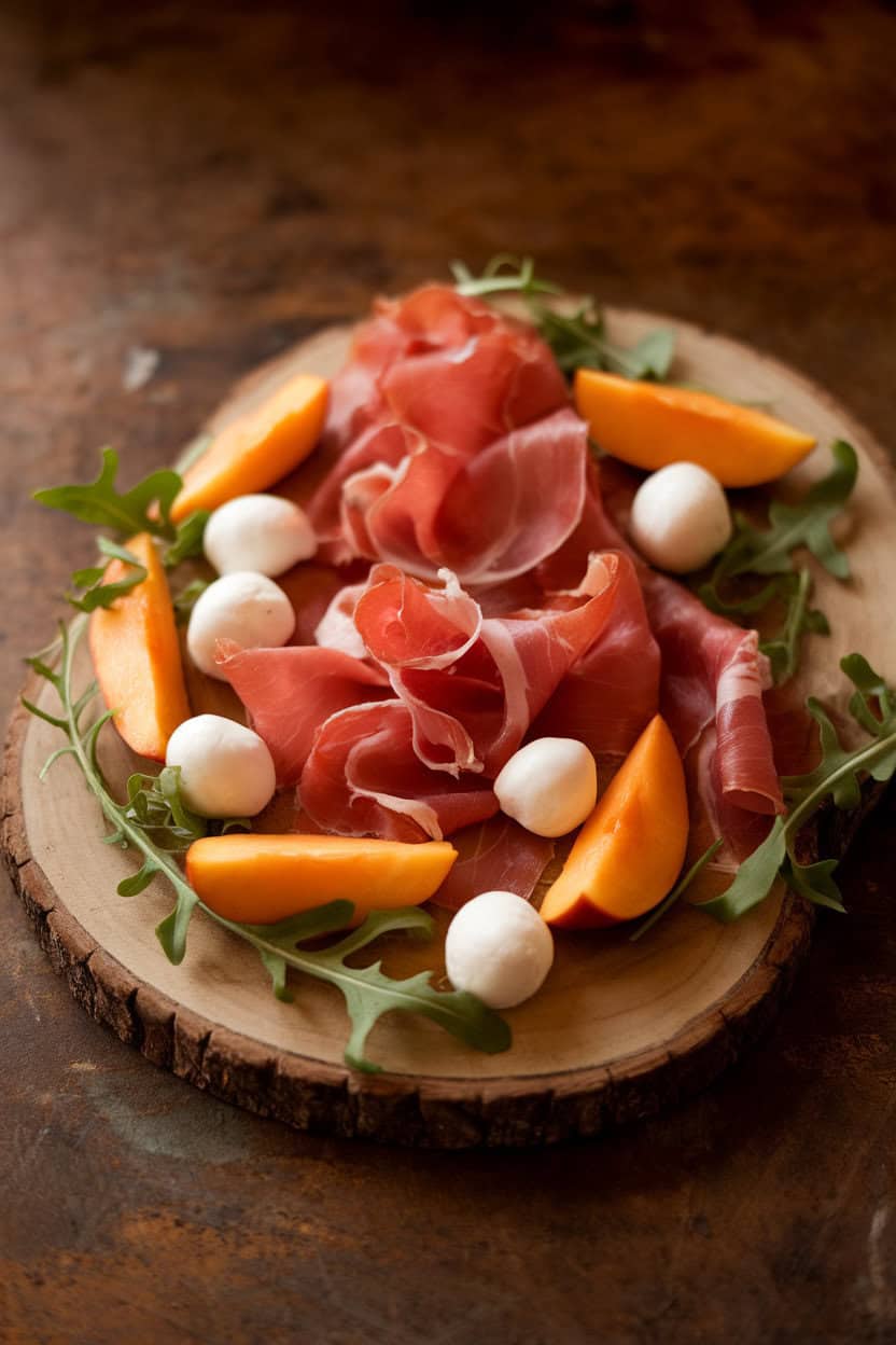 Warm indoor photo of a board with thin prosciutto ribbons, ripe Fuyu persimmon wedges, fresh mozzarella pearls, and arugula leaves. No text or logos.