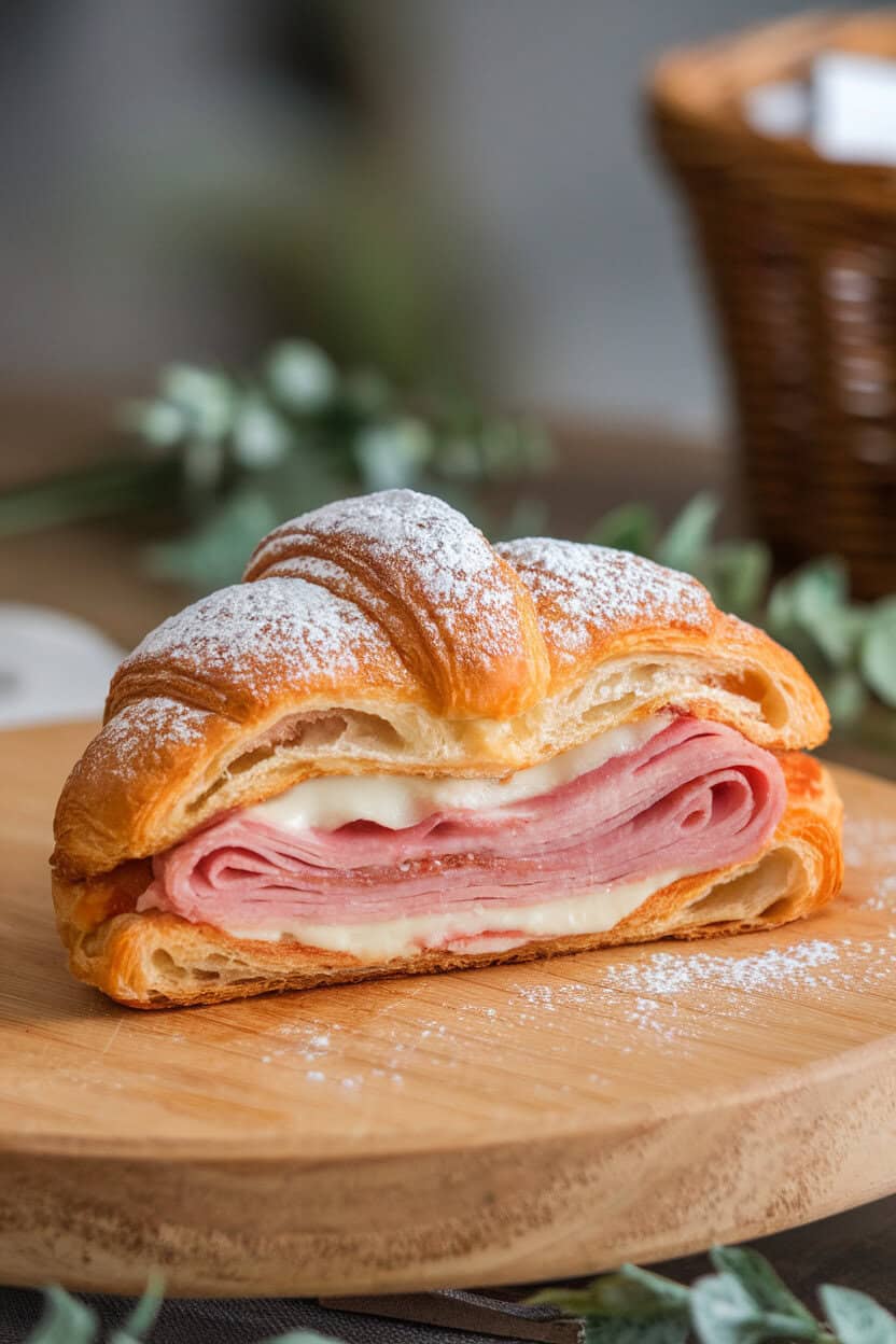 Indoor cutting board featuring a halved croissant Monte Cristo dusted with powdered sugar, ham and melted Swiss visible inside. No text or logos. Photo, not illustration.