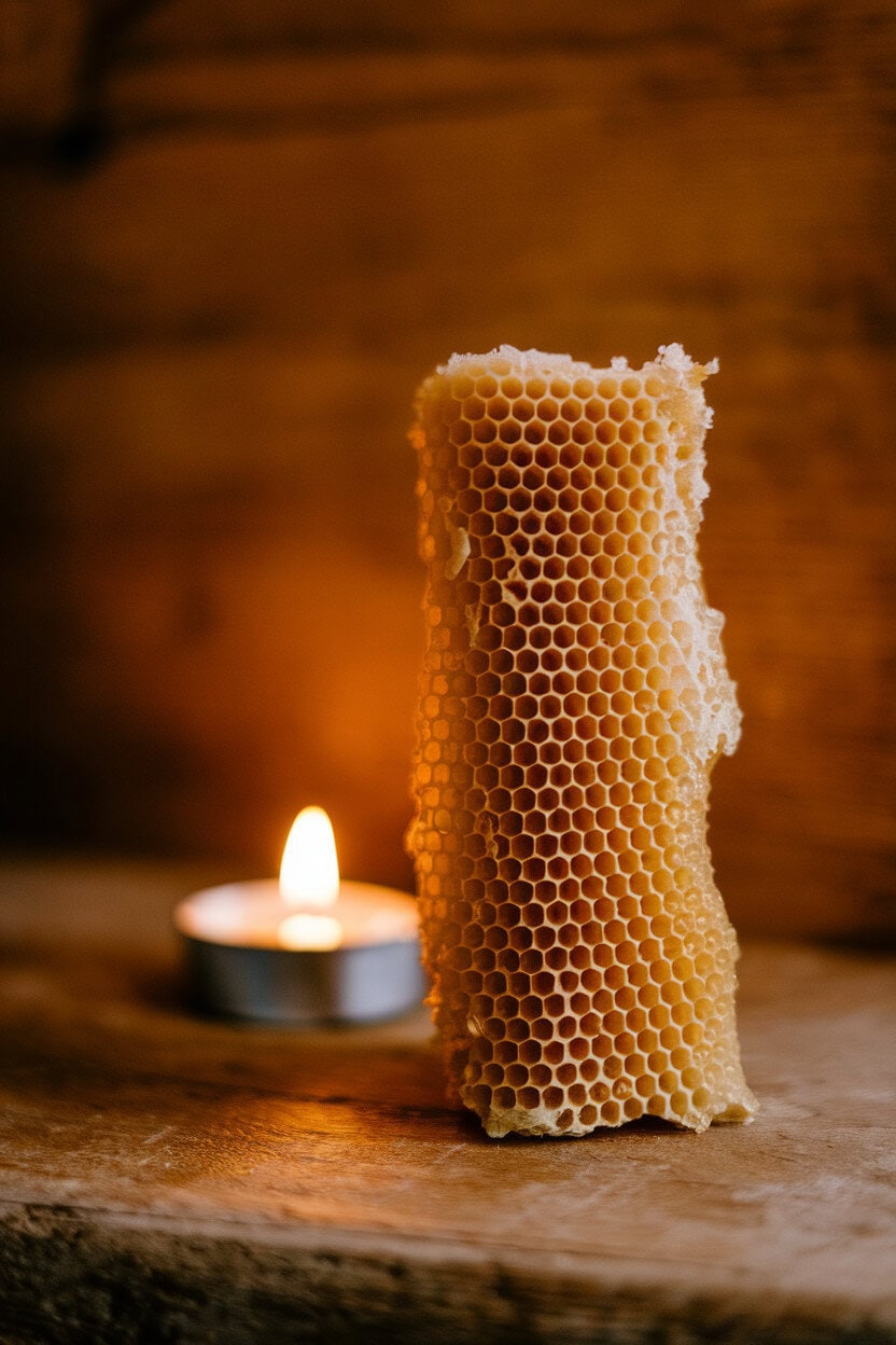 Indoor photo of a rustic honeycomb chunk standing upright with a small tealight set behind it, backlighting the golden cells. No text or logos.