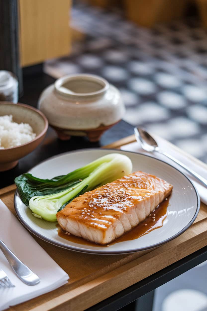 Photo of an indoor dining setting featuring cooked cod fillet brushed with a shiny miso glaze, plated alongside bright green steamed bok choy. No text or logos shown.