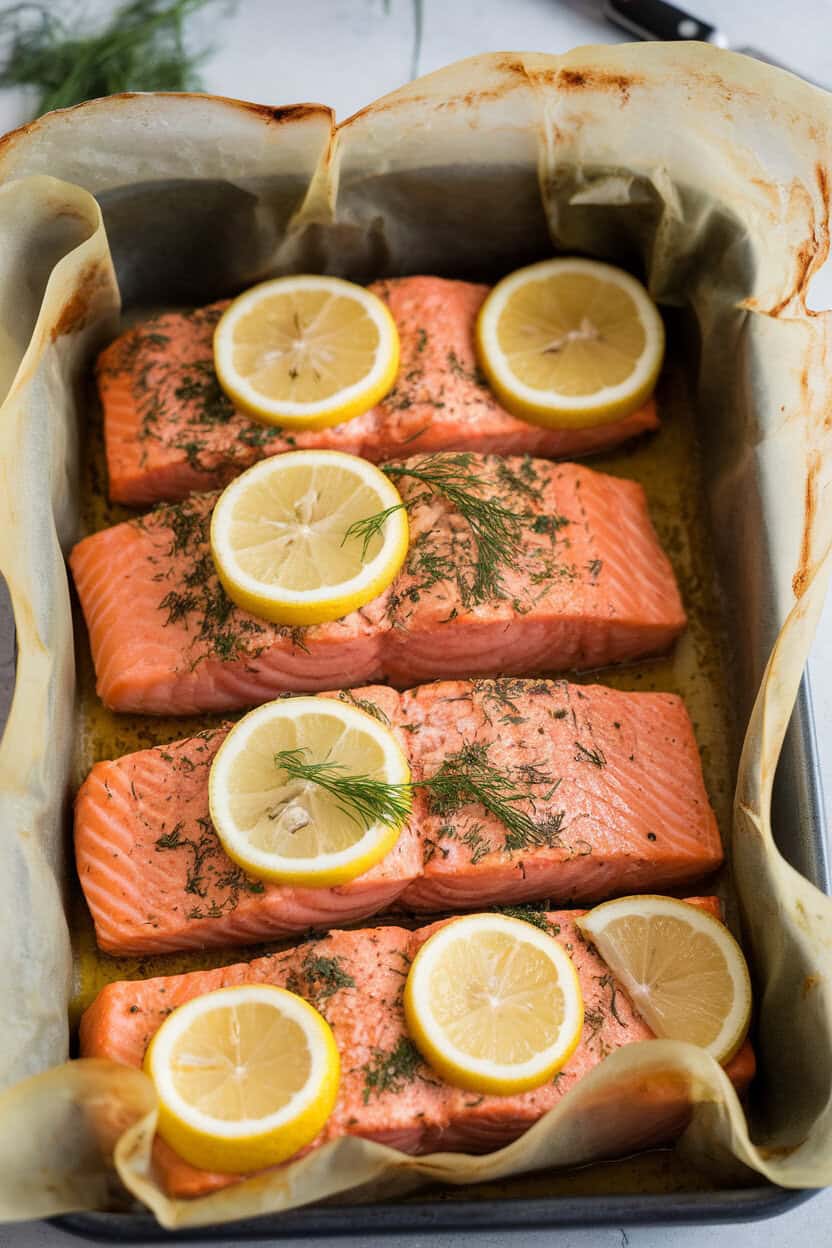 Indoor photo of a parchment-lined baking dish containing cooked salmon fillets topped with melted dill butter and lemon slices. No text or logos. Photo, not illustration.