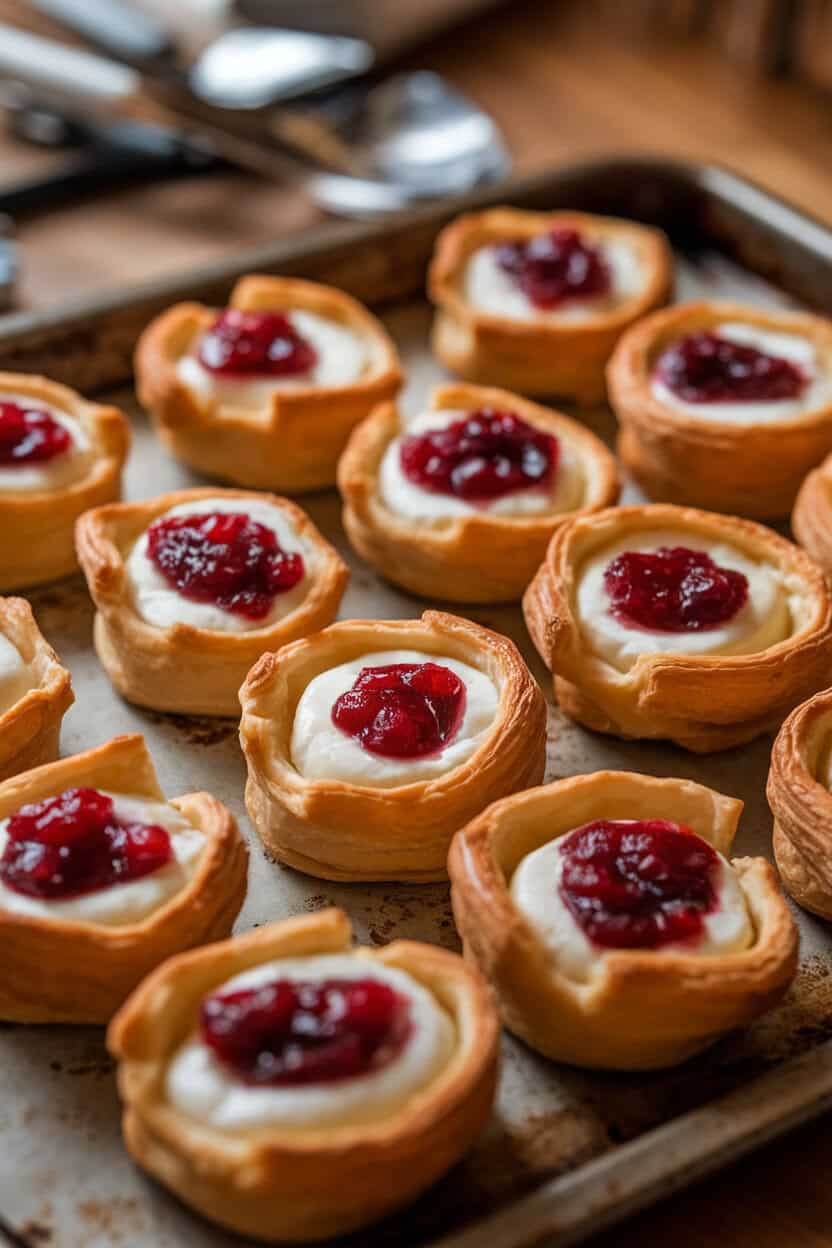 A warmly lit indoor baking sheet holding bite-sized puff pastry cups filled with melted brie and jewel-toned cranberry sauce, edges golden. No text or logos present. Photo only.
