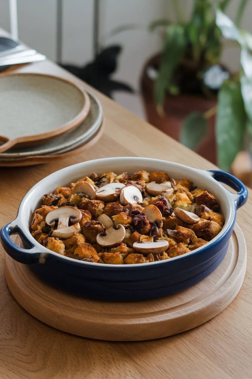 An indoor dining table featuring a ceramic dish of gluten-free stuffing with visible mushroom slices and chestnut halves, captured at a 45-degree angle. No text or logos; photo, not illustration.