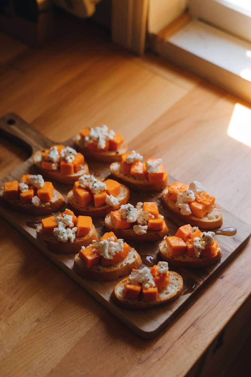 A warmly lit indoor kitchen counter showing a wooden board topped with crostini slices layered with roasted orange butternut squash cubes, crumbled feta, and a light maple drizzle captured from above. No text or logos visible. Photo, not illustration.