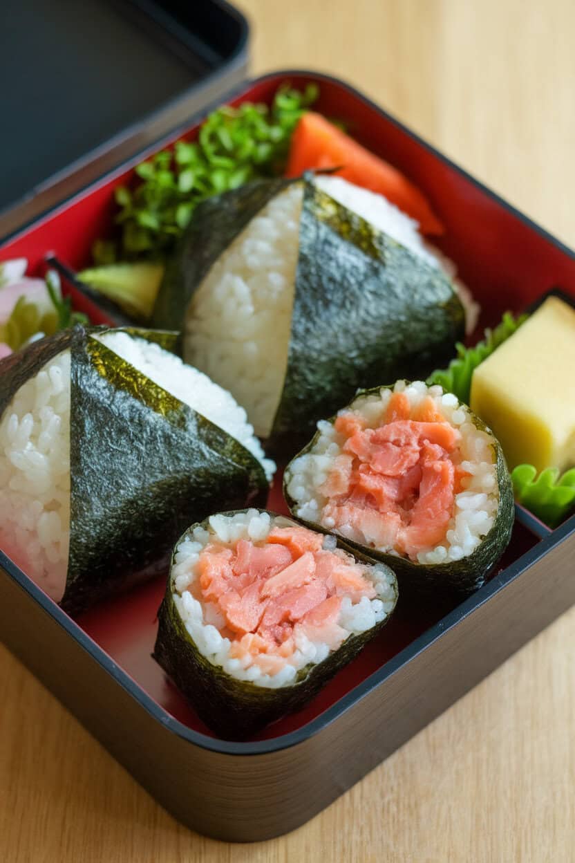 An indoor bento box with triangular rice balls wrapped in nori, one cut open to reveal cooked salmon flakes inside. No text or logos present. Photo, not illustration.