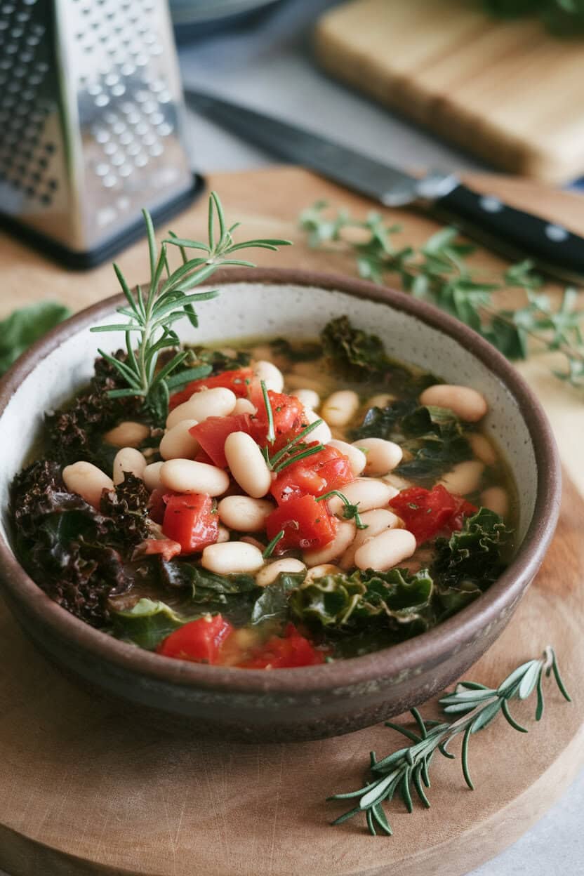 Indoor image of a rustic bowl filled with cannellini beans, wilted kale, and diced tomatoes in herb-flecked broth. No text or logos