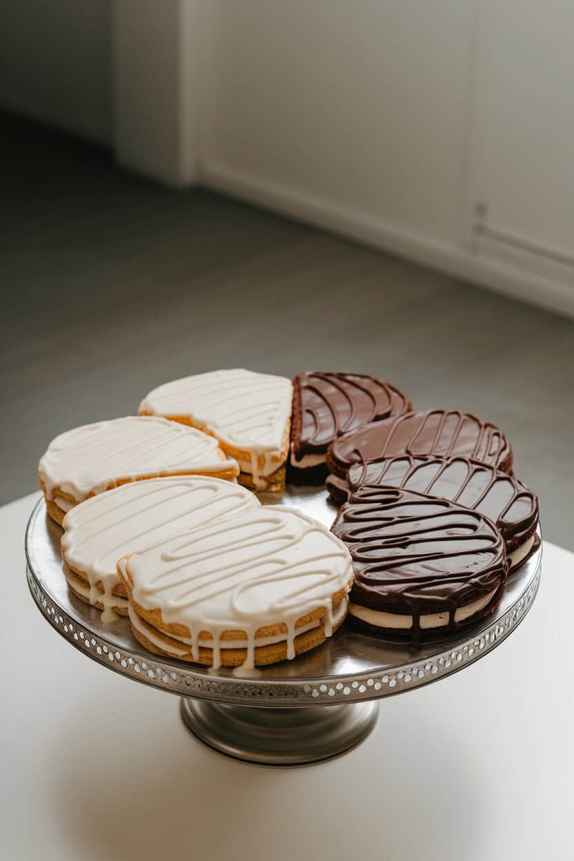A cake stand indoors with large cake-style cookies half-iced in vanilla and half in chocolate, overhead lighting, no logos.