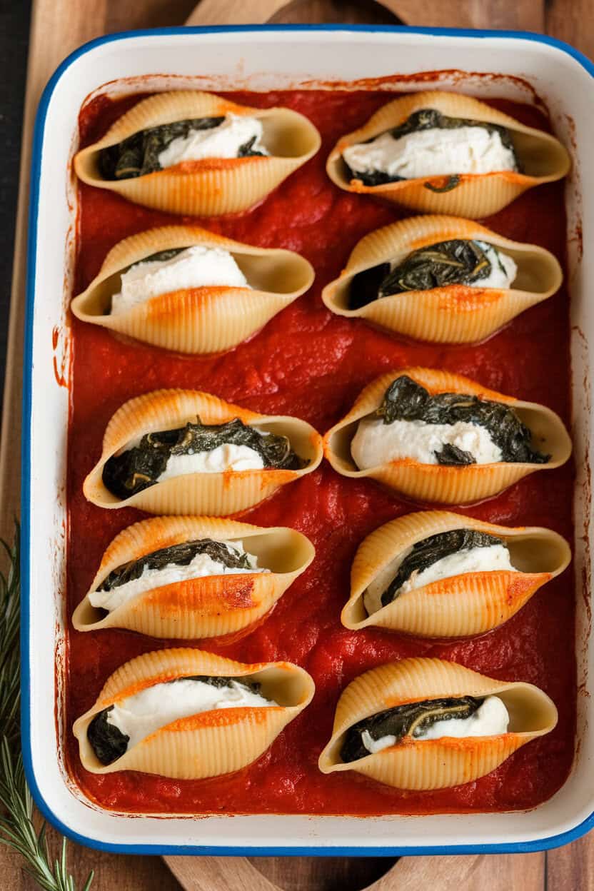 An indoor dining room table holding a baking dish of jumbo pasta shells stuffed with ricotta and spinach, marinara bubbling around the edges. Photo only, no text or logos.
