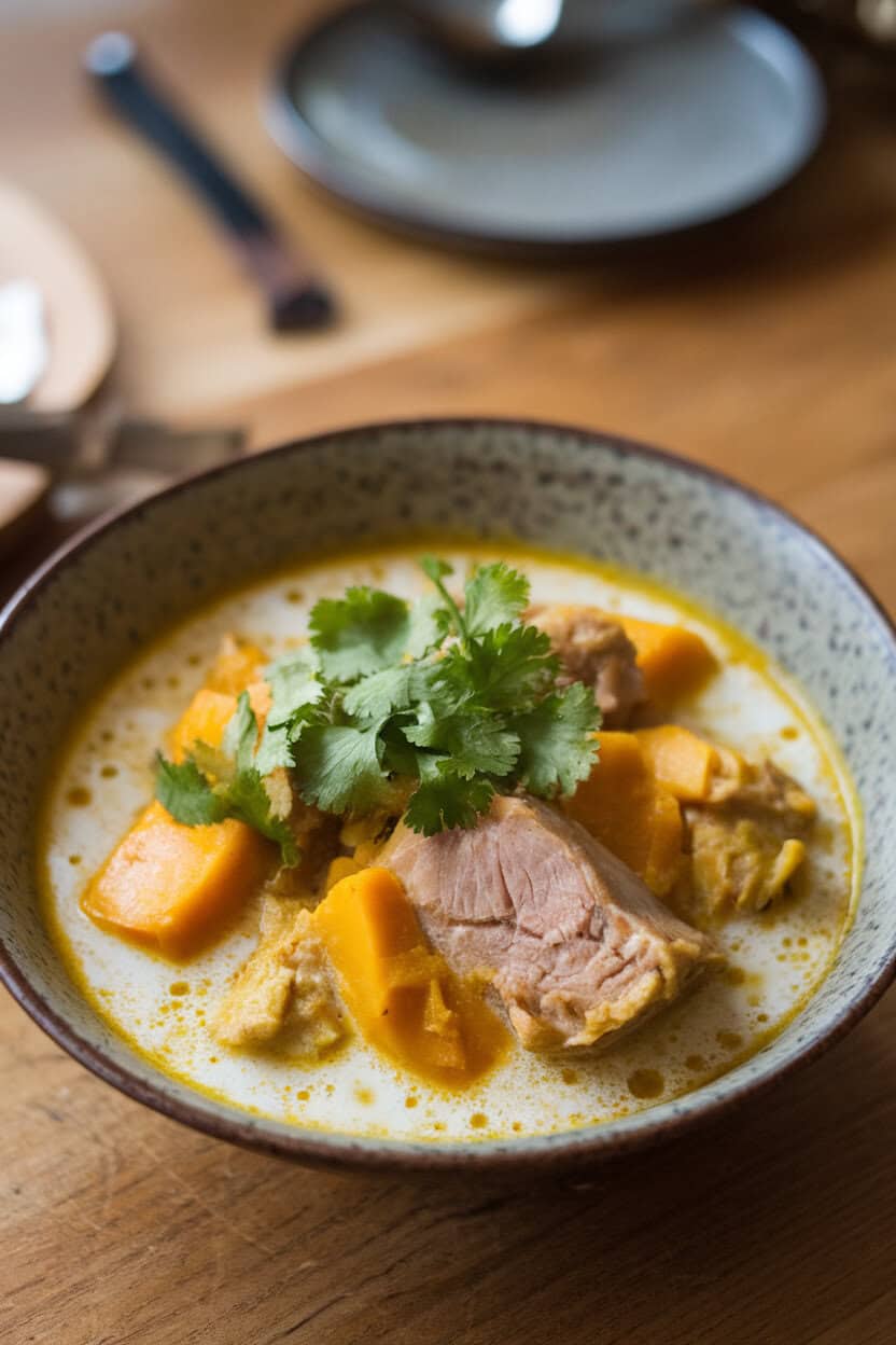 A shallow bowl of coconut milk curry with pieces of pork and pumpkin, garnished with cilantro, on an indoor wooden table. No text or logos; photo, not illustration.
