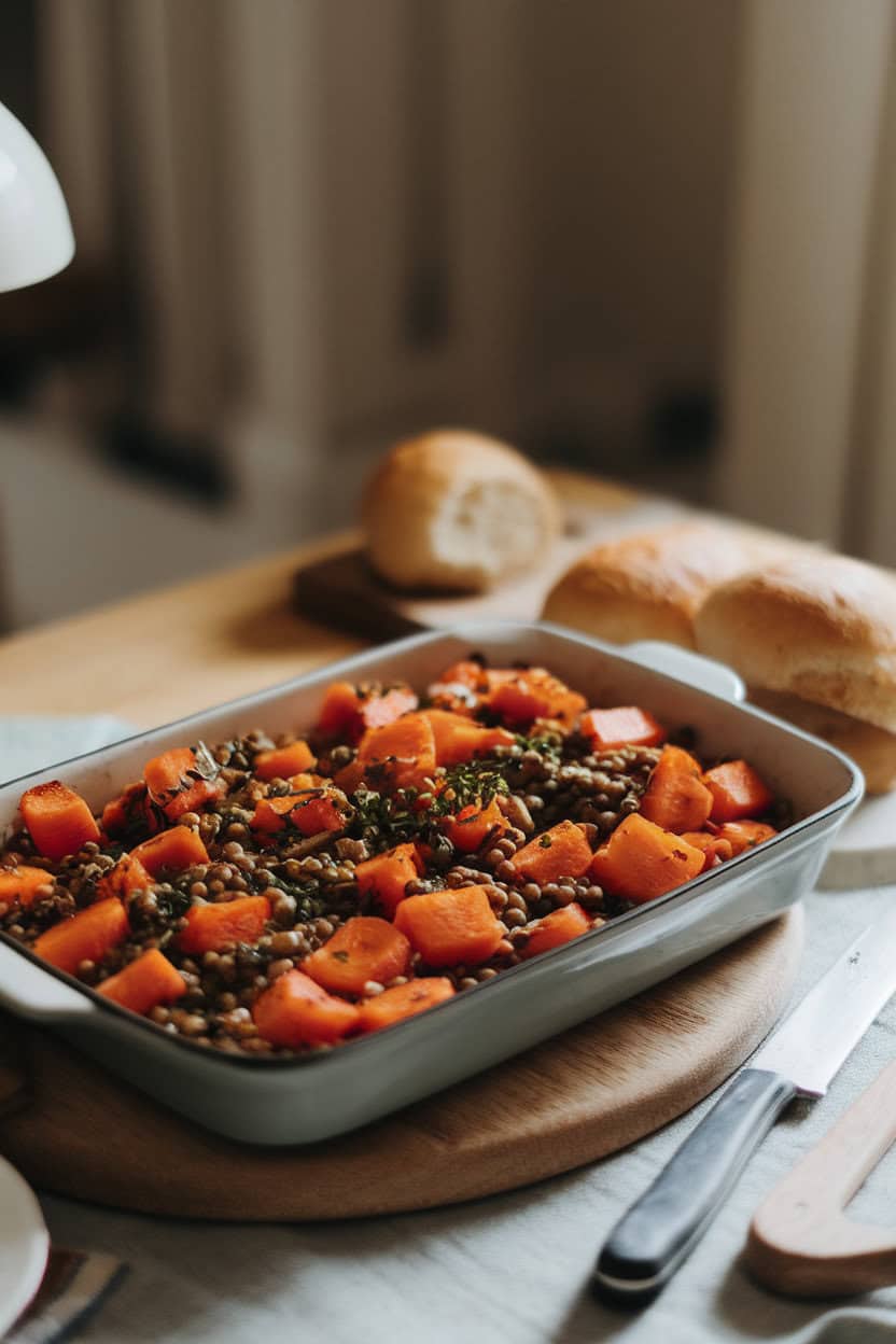 A softly lit indoor dining table featuring a shallow casserole of roasted carrot chunks glazed with maple, mingling with green lentils and chopped herbs. No text or logos; photo, not illustration.