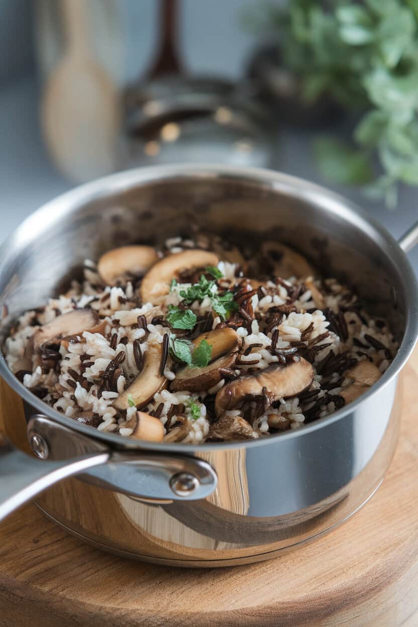 A stainless saucepan of cooked wild rice mixed with sautéed mushrooms and herbs, photographed indoors, no text or logos.