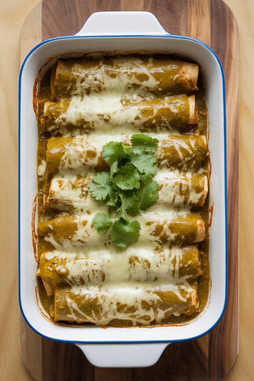 An indoor oven-to-table casserole of chicken enchiladas covered in green tomatillo sauce and melted cheese, cilantro sprinkled on top; no text or logos; photo