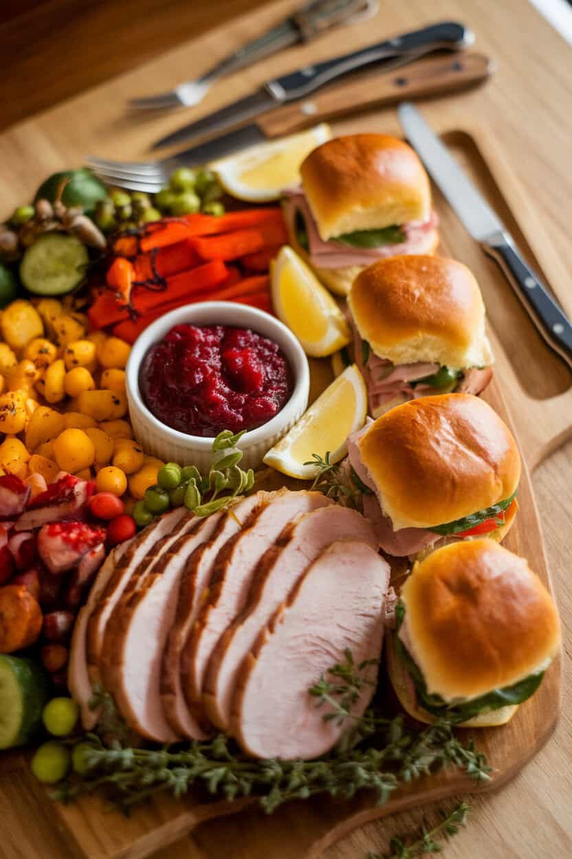 Indoor photo of a mixed platter holding small portions of leftover turkey, ham, roasted veggies, cranberry sauce, and dinner roll sliders, all styled neatly. No text or logos.