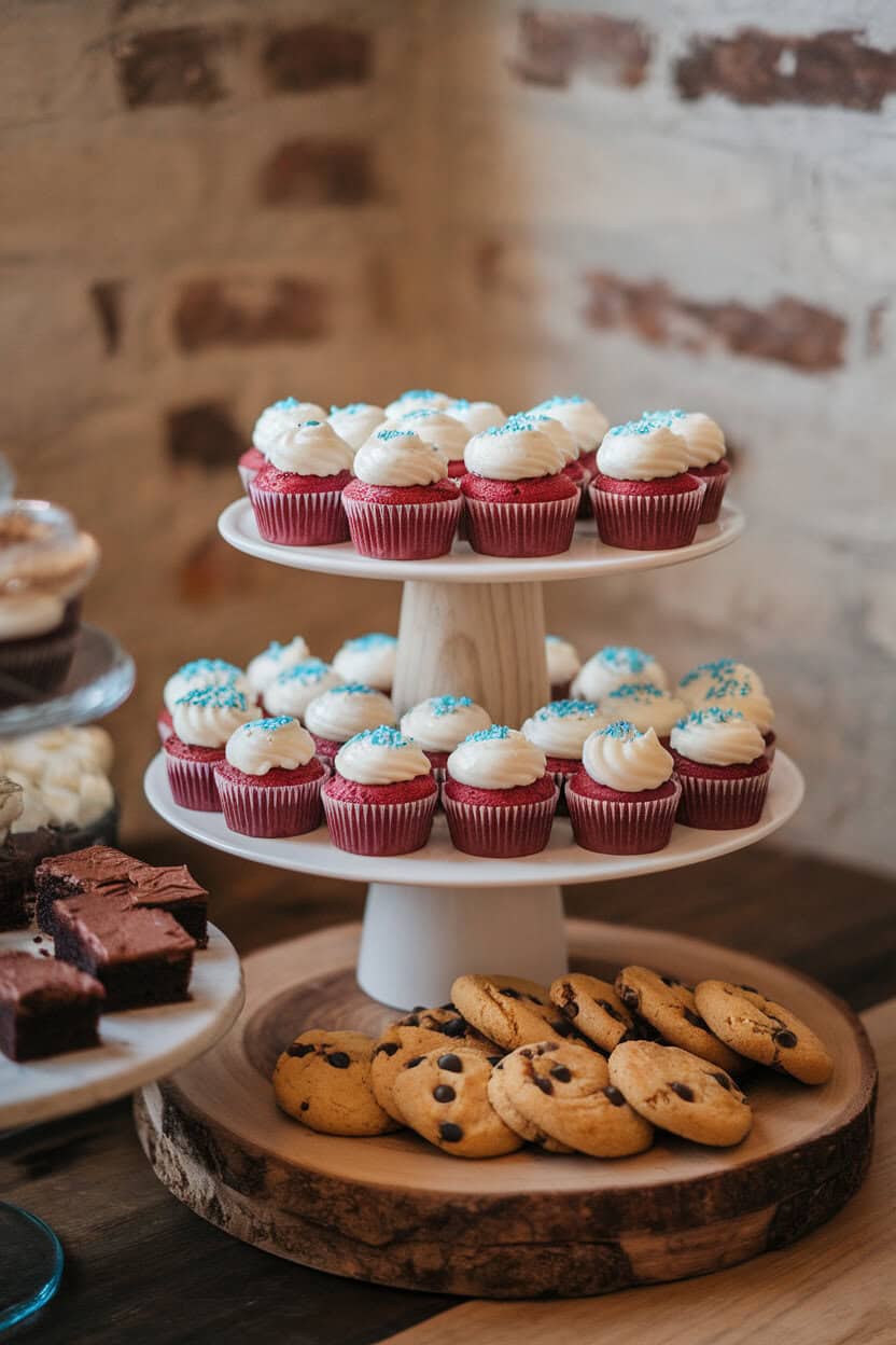 An indoor dessert stand filled with mini red velvet cupcakes topped with white cream cheese frosting and blue sprinkles, no text or logos, photo style