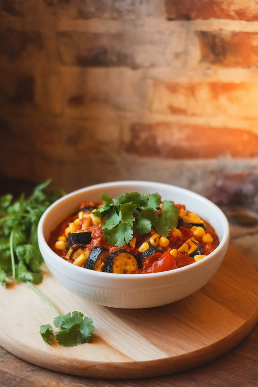Indoor photo of a vibrant vegetarian chili packed with charred zucchini, corn, and tomatoes, topped with cilantro; no text or logos