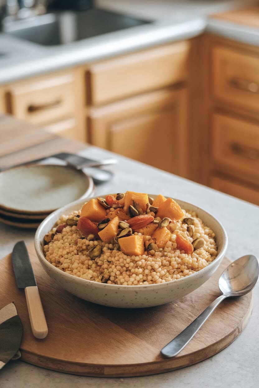 An indoor kitchen counter featuring a bowl of pearl couscous mixed with roasted pumpkin cubes, dried apricots, and pistachios, lightly dressed. No text or logos; photo, not illustration.