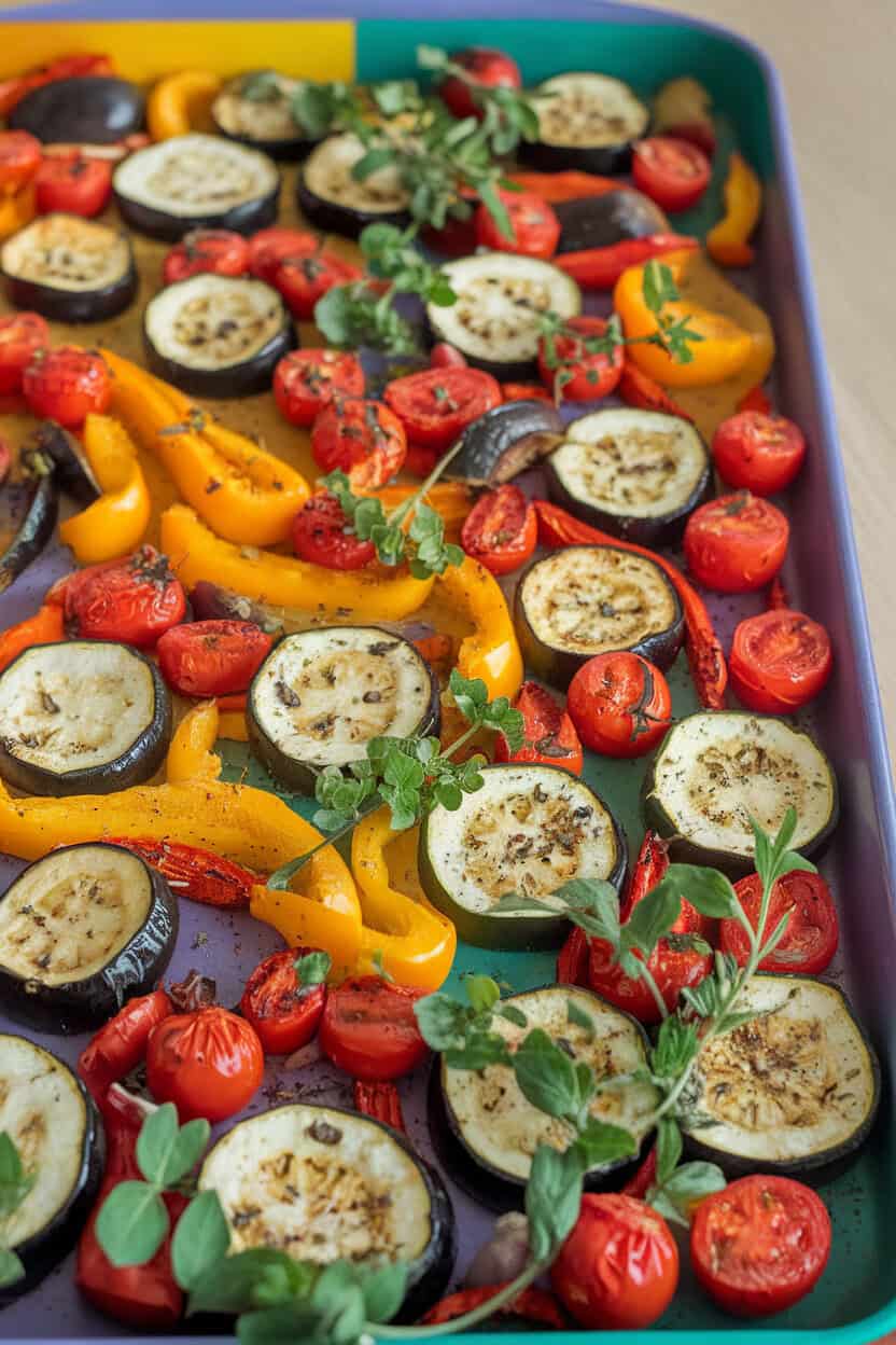 A colorful indoor sheet pan of roasted zucchini, eggplant, tomatoes, and bell peppers, herbs scattered—photo, no text or logos