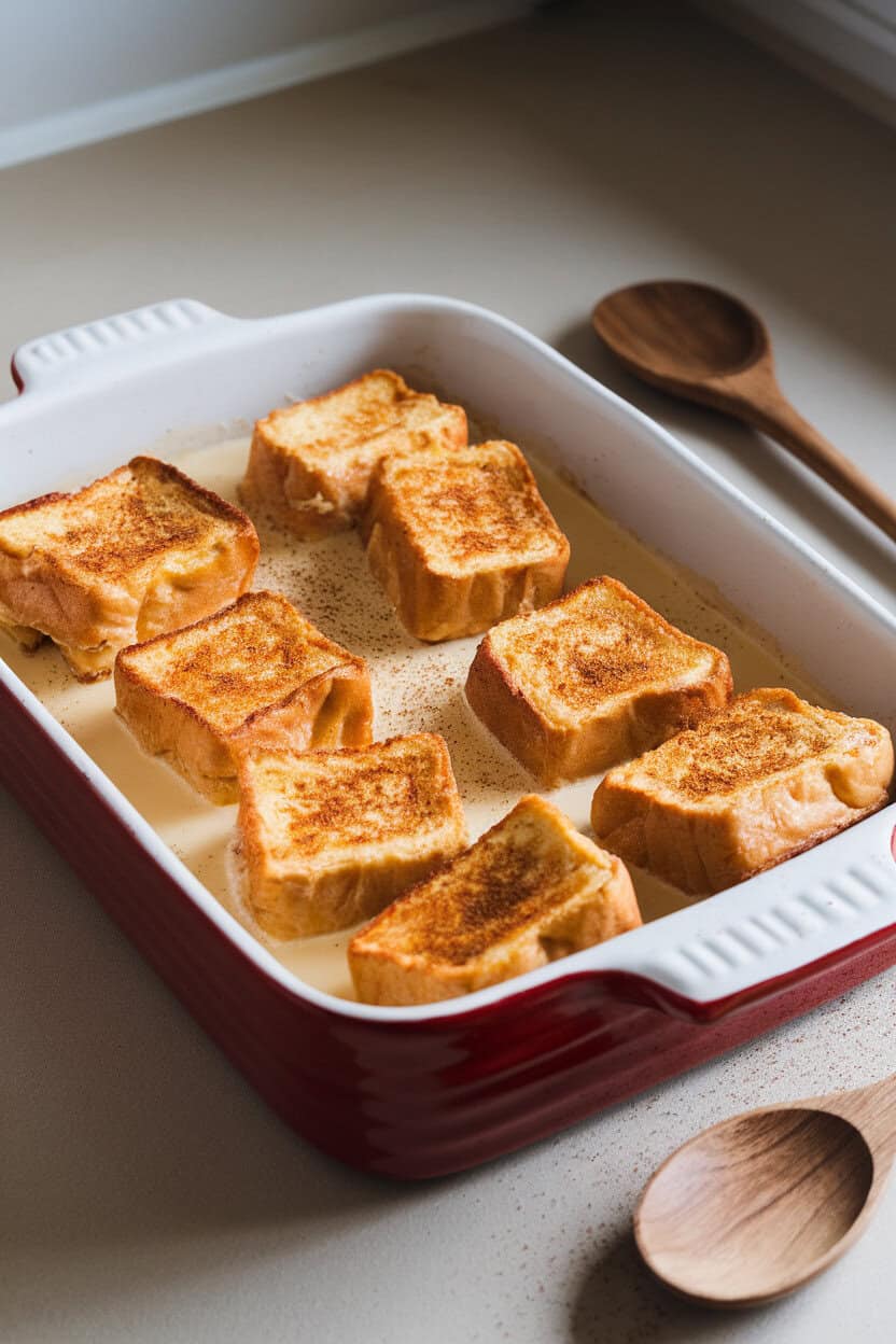 A ceramic baking dish filled with golden French toast cubes soaked in eggnog custard, topped with a light sprinkle of nutmeg, set on an indoor kitchen counter. No text or logos anywhere. Photo, not illustration.