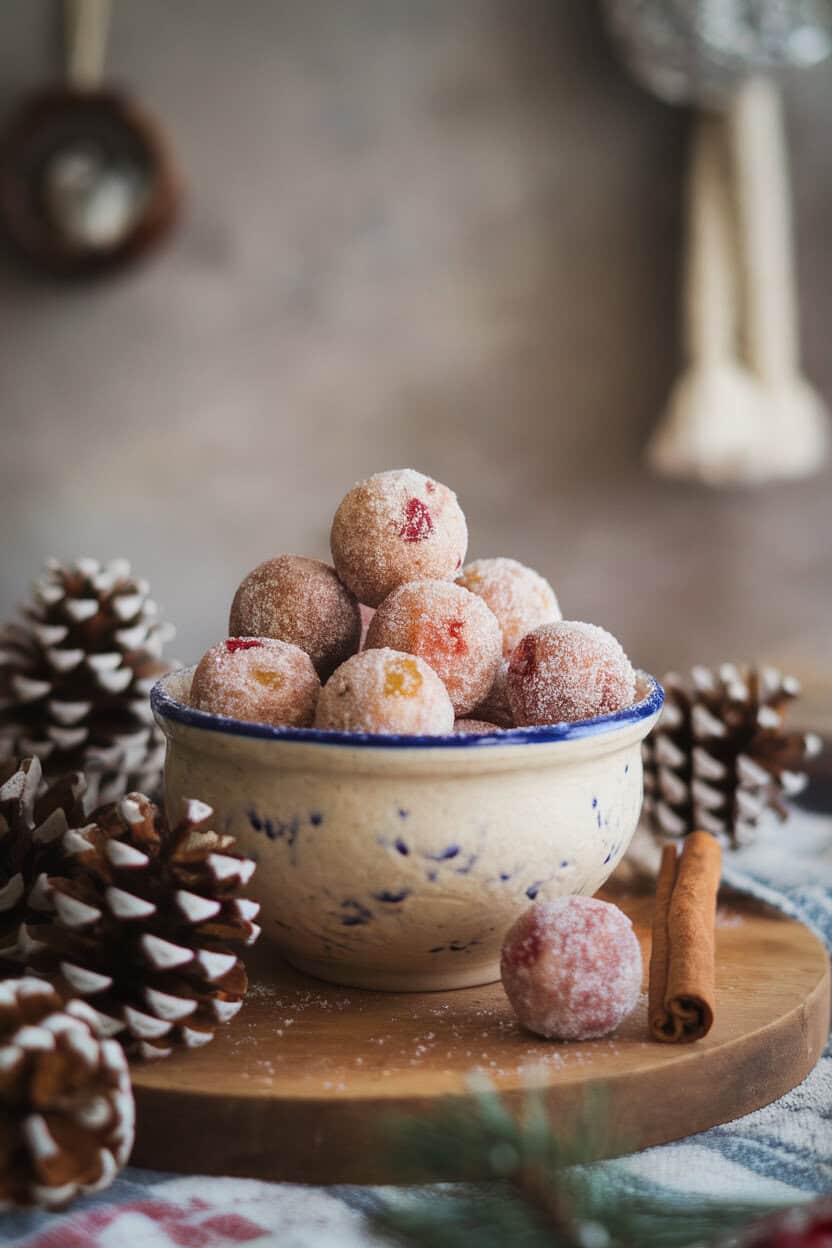 A cozy indoor ceramic bowl filled with small, round sugarplum confections coated in sparkling coarse sugar, jewel-toned fruit bits visible. No text or logos. Photo, not illustration.