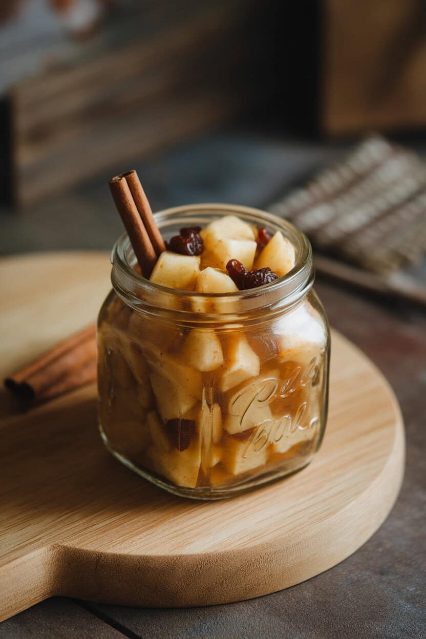 Photo of a small glass jar indoors containing chunky apple chutney with visible cinnamon sticks and raisins, no text or logos.