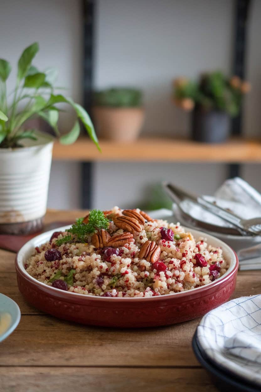 An indoor farmhouse table featuring a ceramic serving platter filled with fluffy red quinoa, ruby cranberries, toasted pecans, and chopped parsley, all lightly dressed. No text or logos; photo, not illustration.