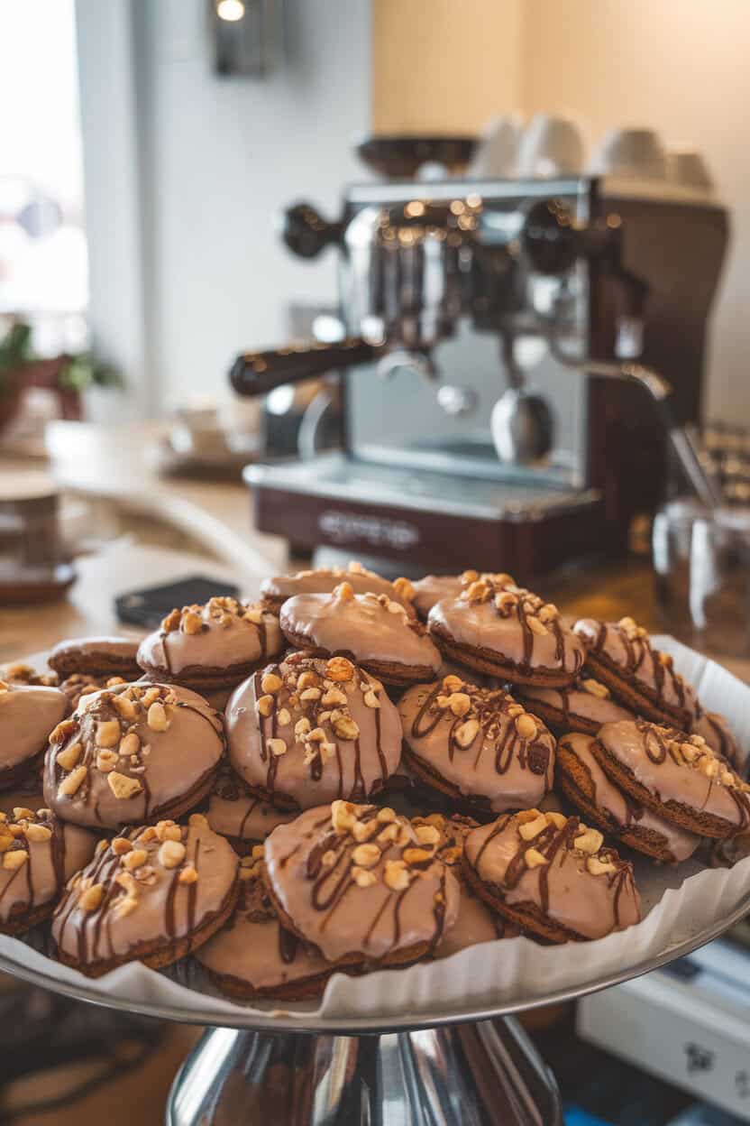 Indoor scene with cookies topped by a light cocoa-coffee glaze and crushed hazelnuts, espresso machine blurred in background—no brand names.