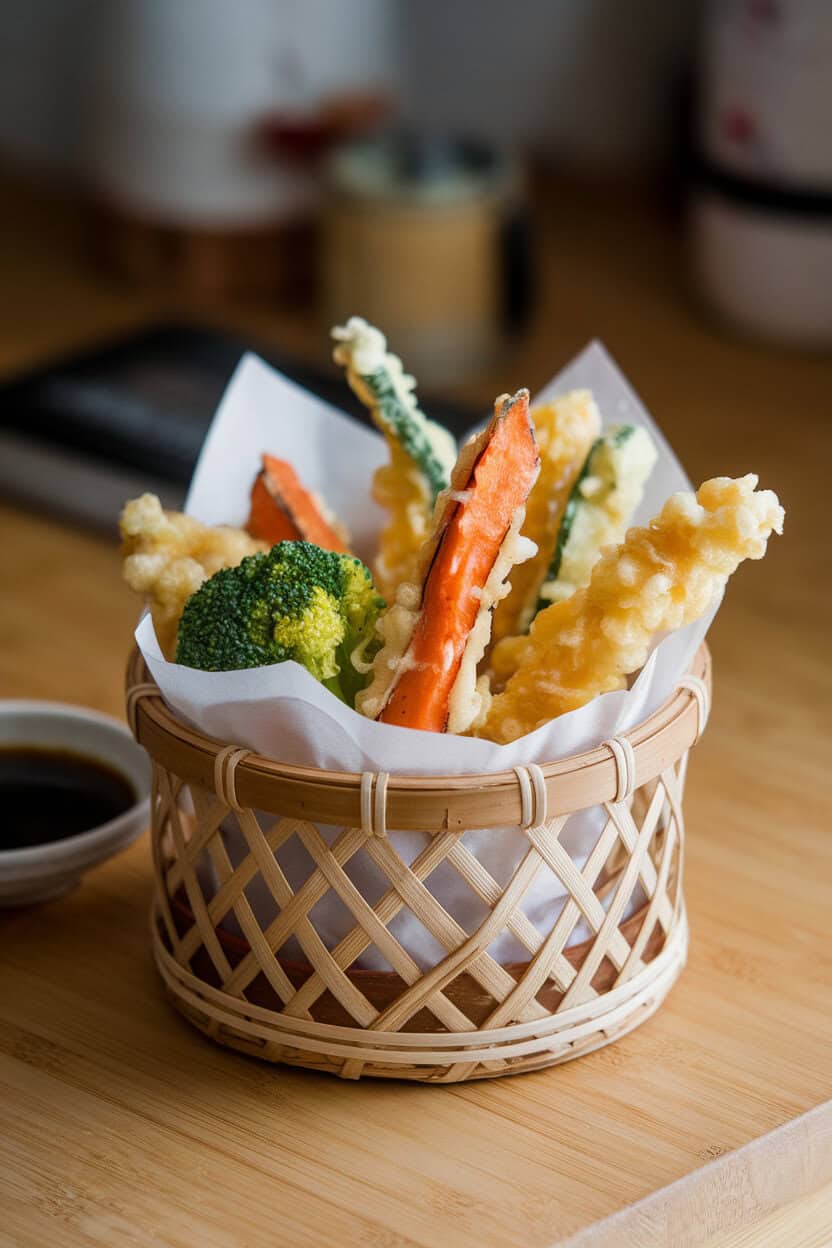 An indoor countertop scene with a bamboo basket of lightly battered tempura broccoli, sweet potato, and zucchini, accompanied by a small bowl of maple-soy dipping sauce. No text or logos. Photo only.